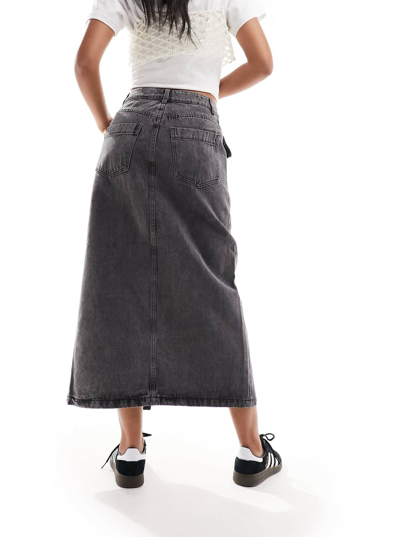 Y.A.S denim midi skirt with split front and jewel buttons in washed black