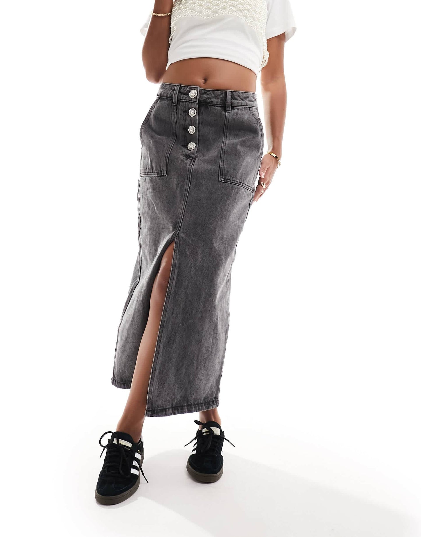 Y.A.S denim midi skirt with split front and jewel buttons in washed black