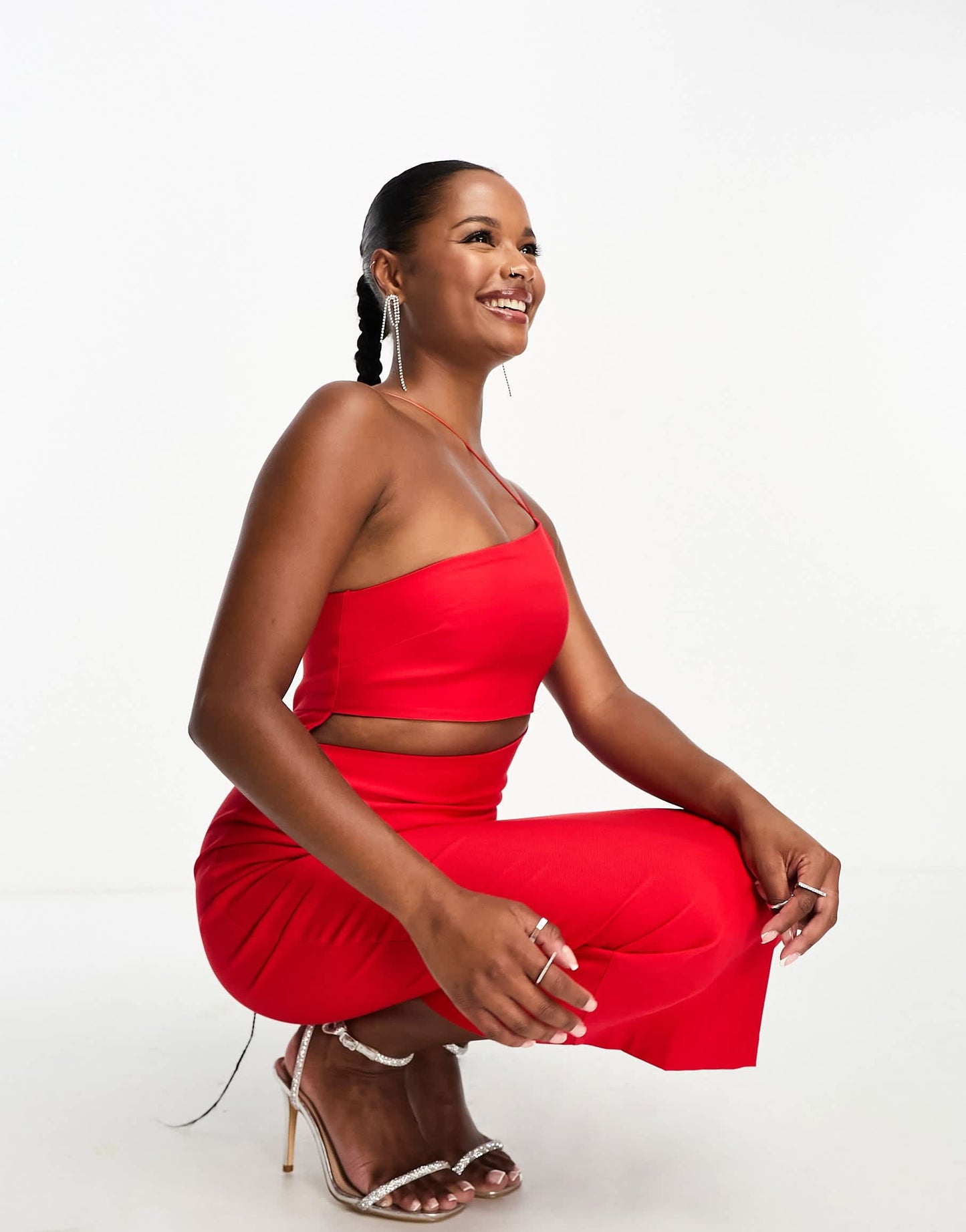 Vesper Petite bengaline asymmetric halterneck midi cut out dress in red