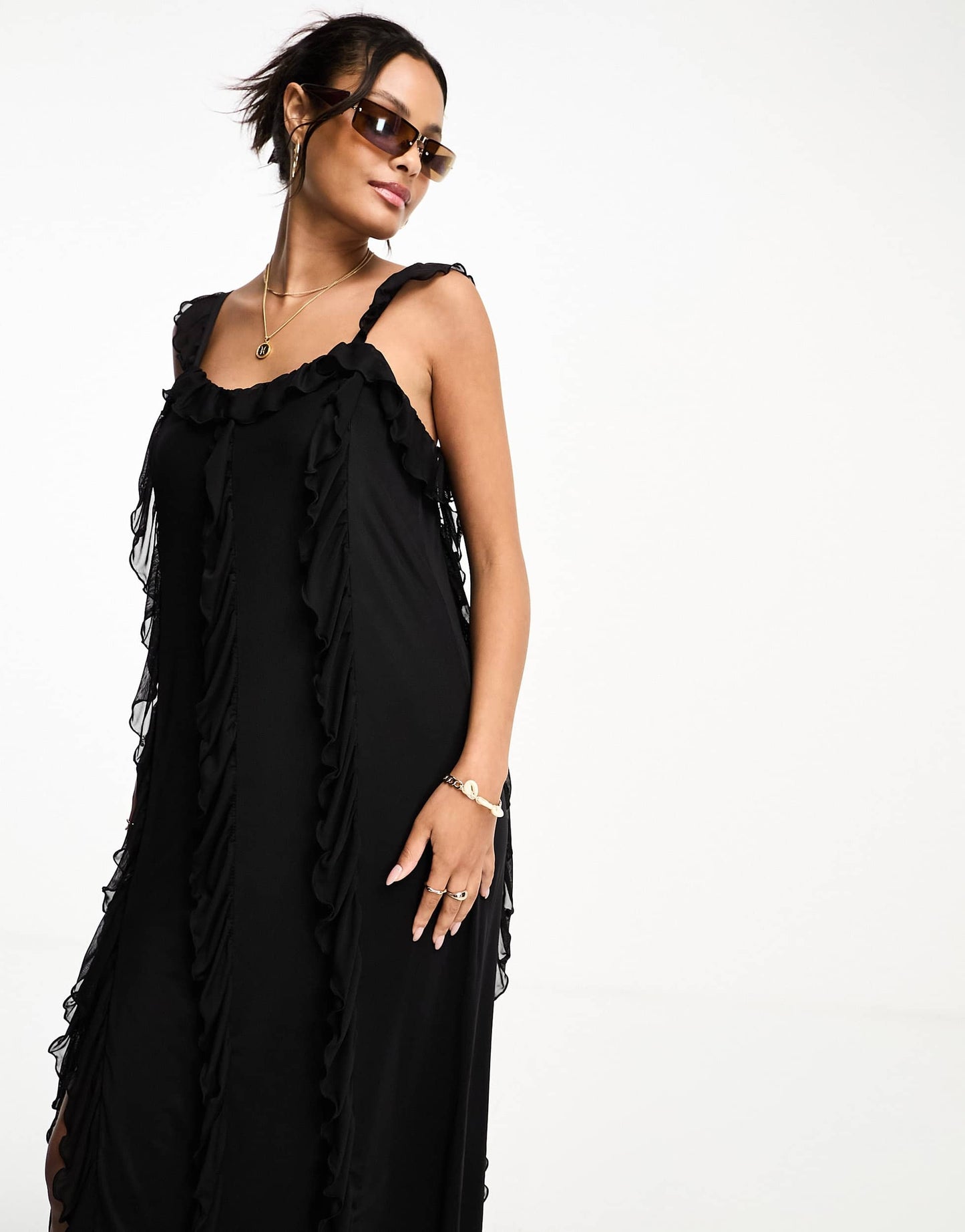 Monki mesh ruffle detail midi dress