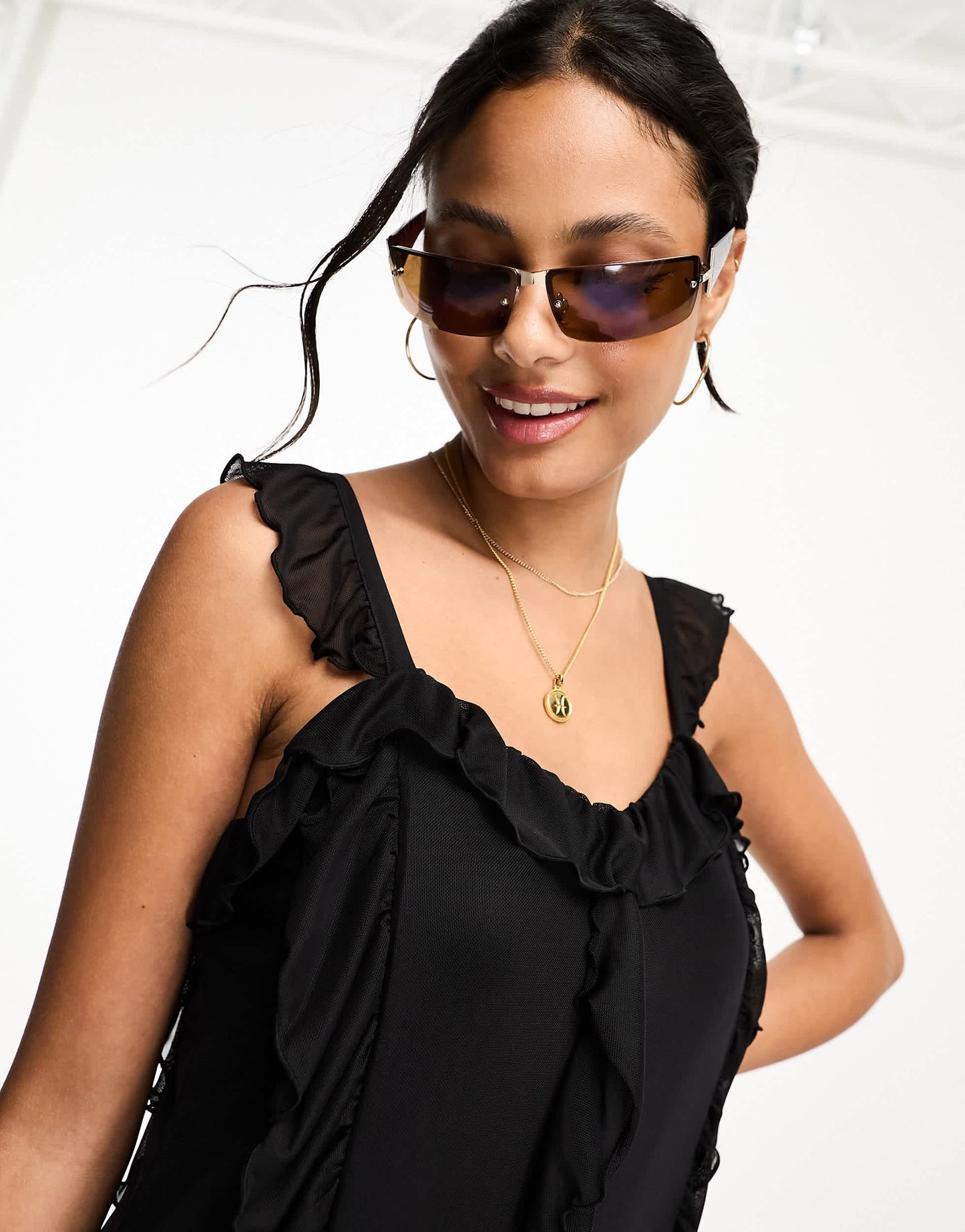 Monki mesh ruffle detail midi dress