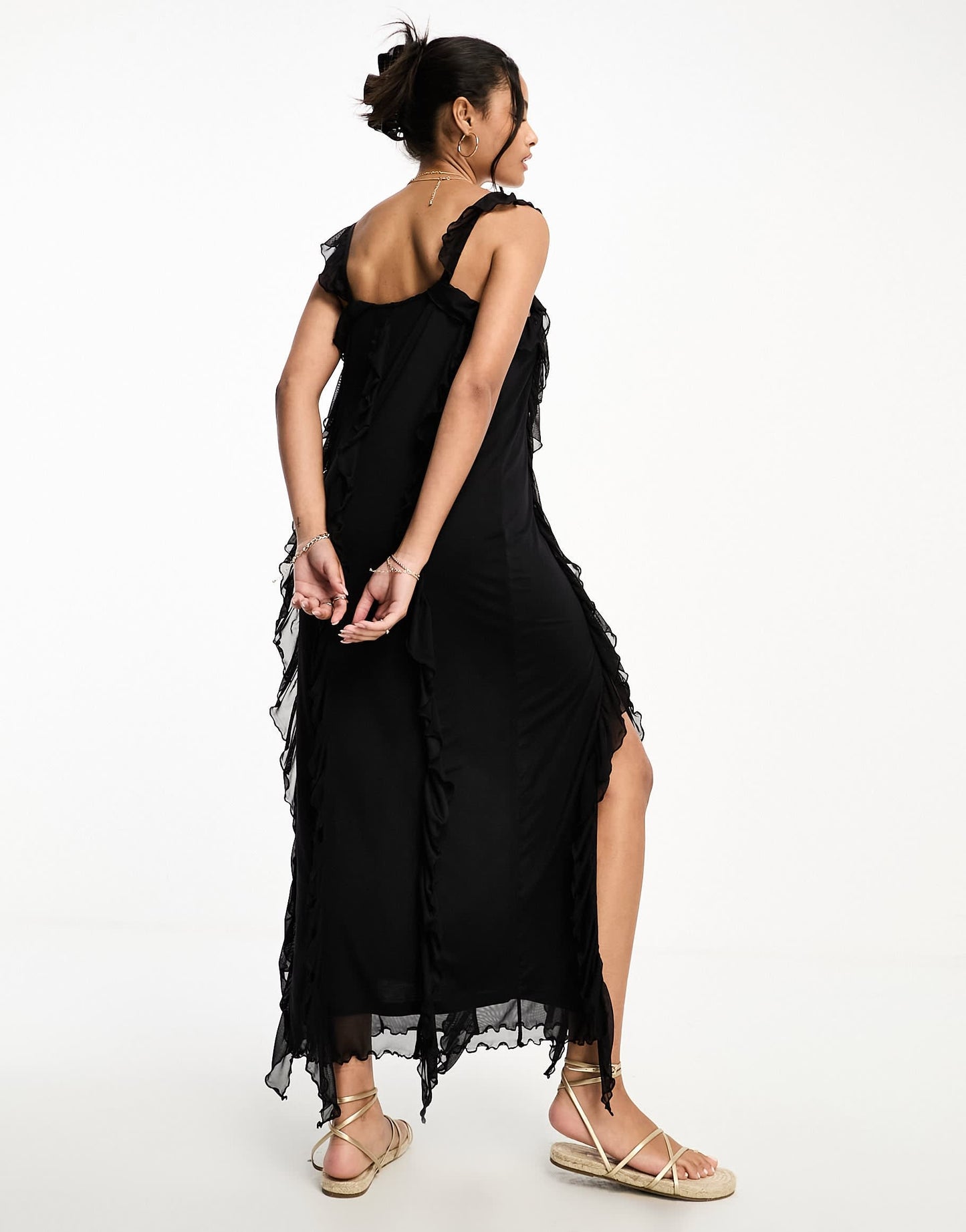 Monki mesh ruffle detail midi dress