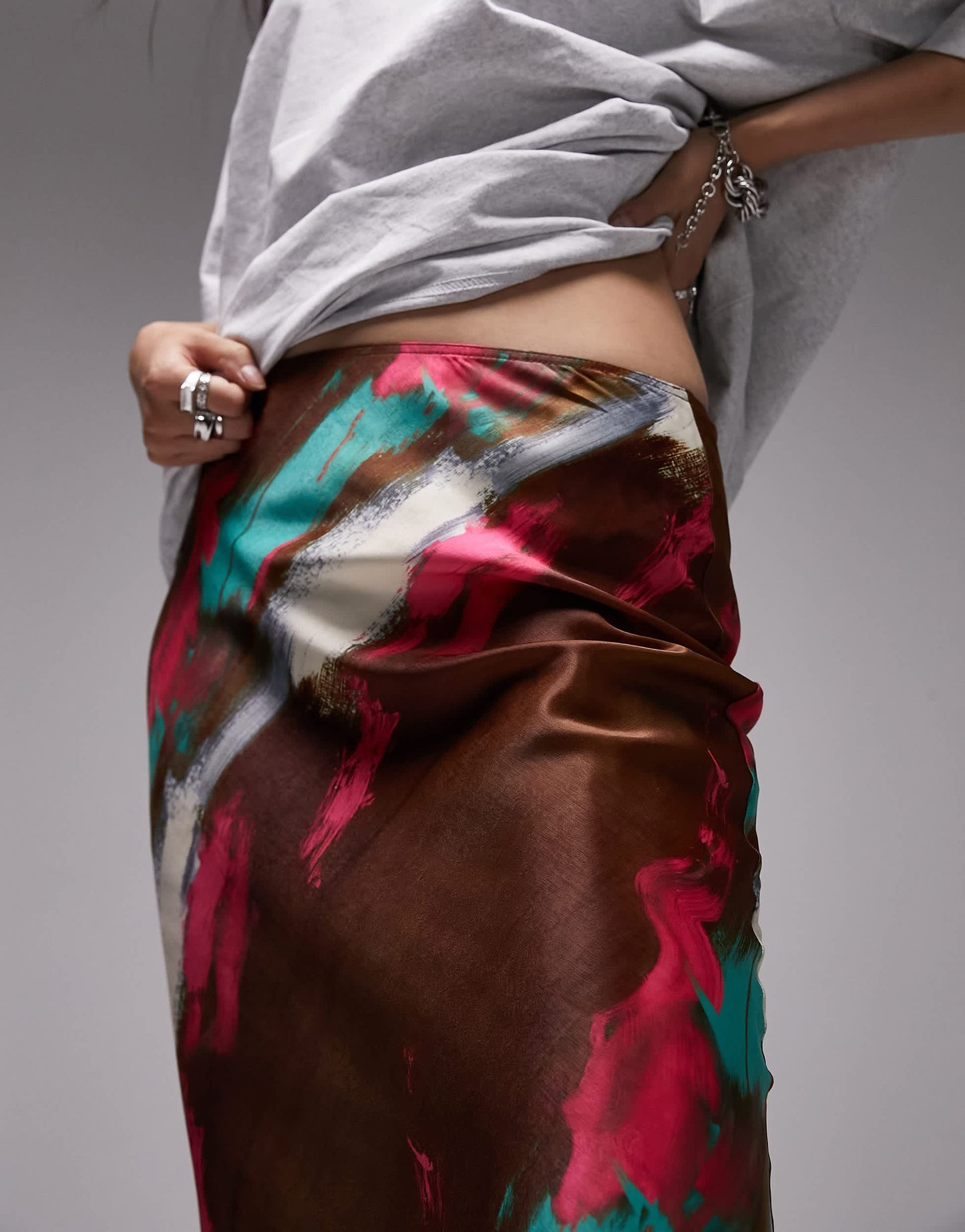 Topshop satin midi skirt in neon brushtroke print