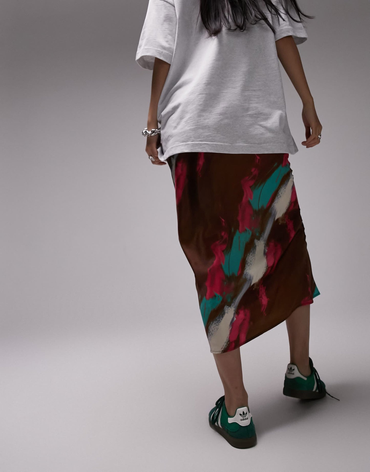 Topshop satin midi skirt in neon brushtroke print