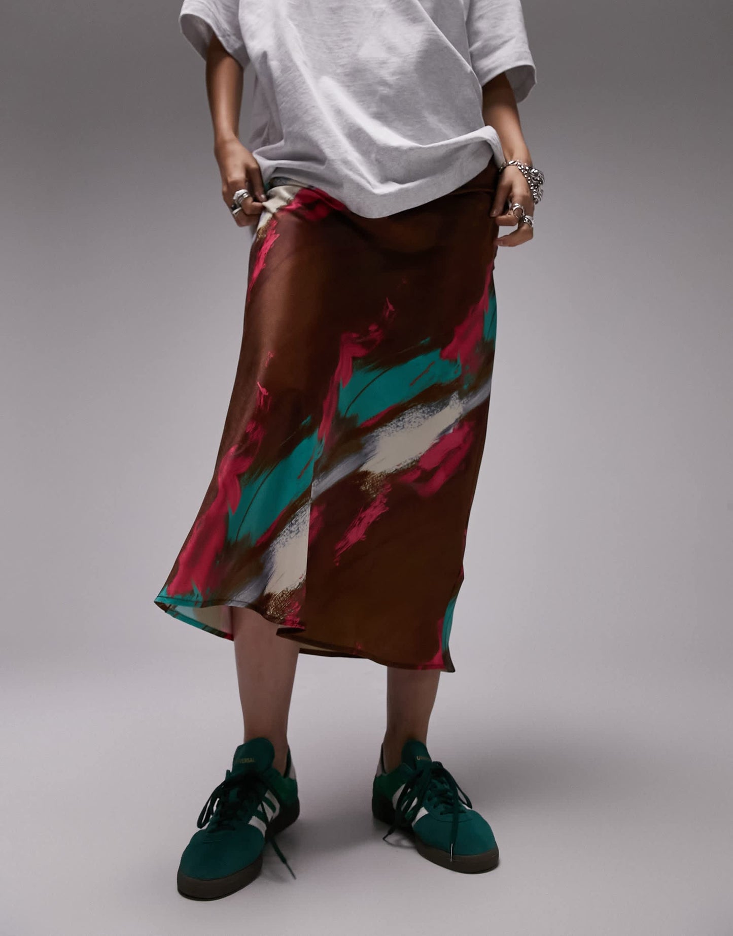 Topshop satin midi skirt in neon brushtroke print
