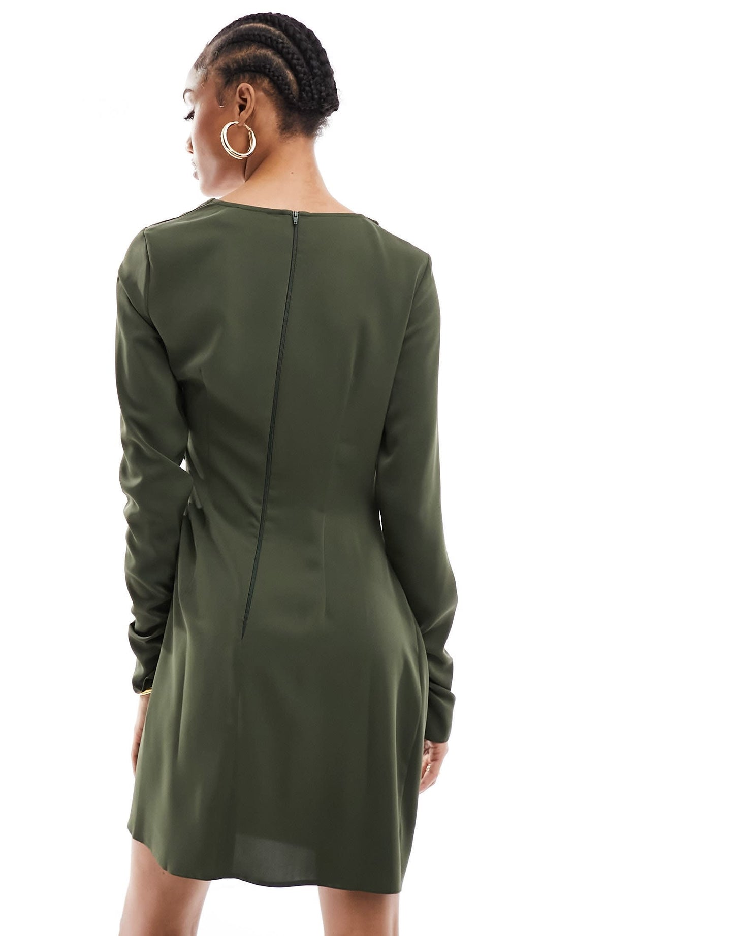 ASOS DESIGN Tall asymmetric neck ruched sleeve mini dress in khaki