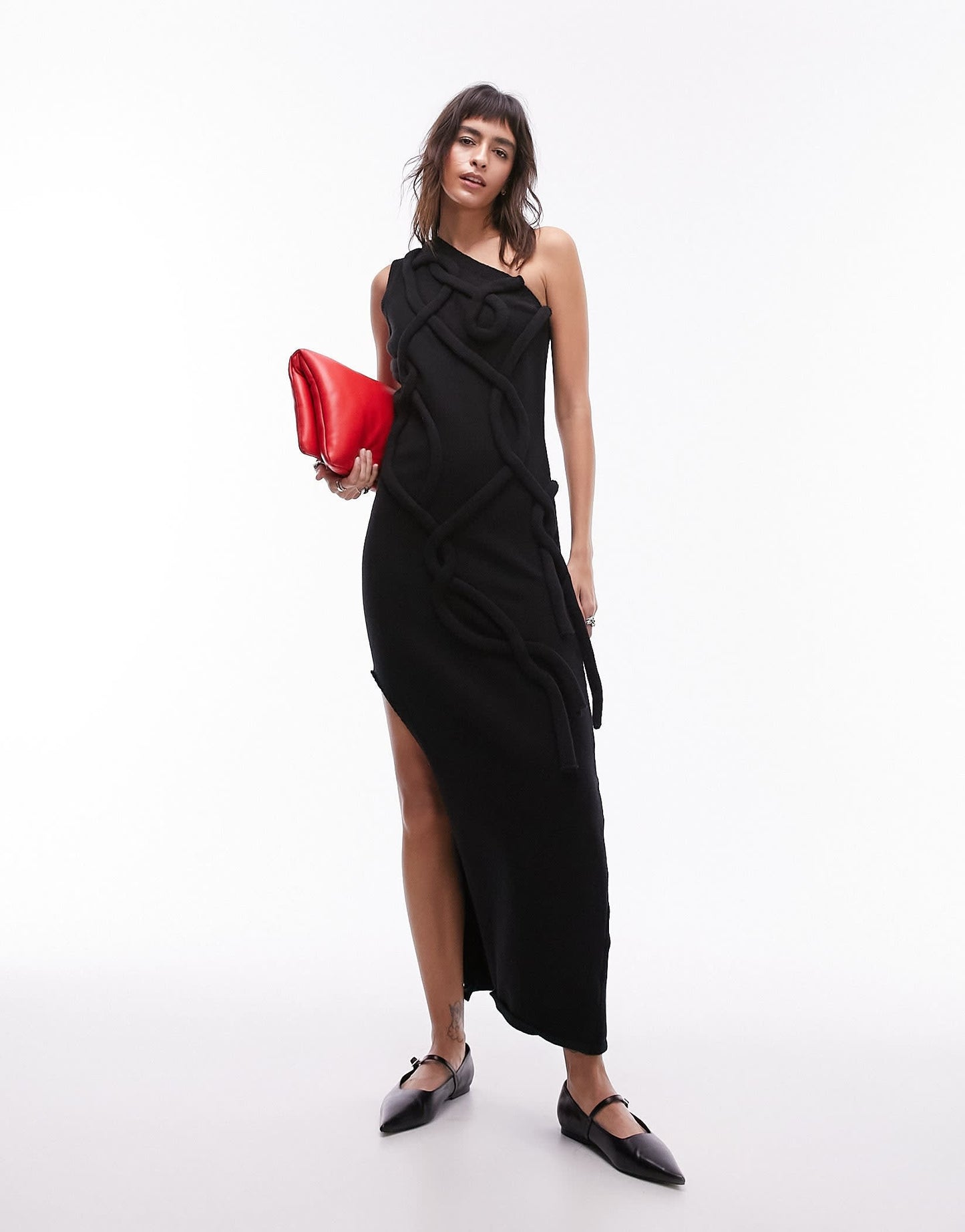 Topshop knitted premium 3D cable dress in black