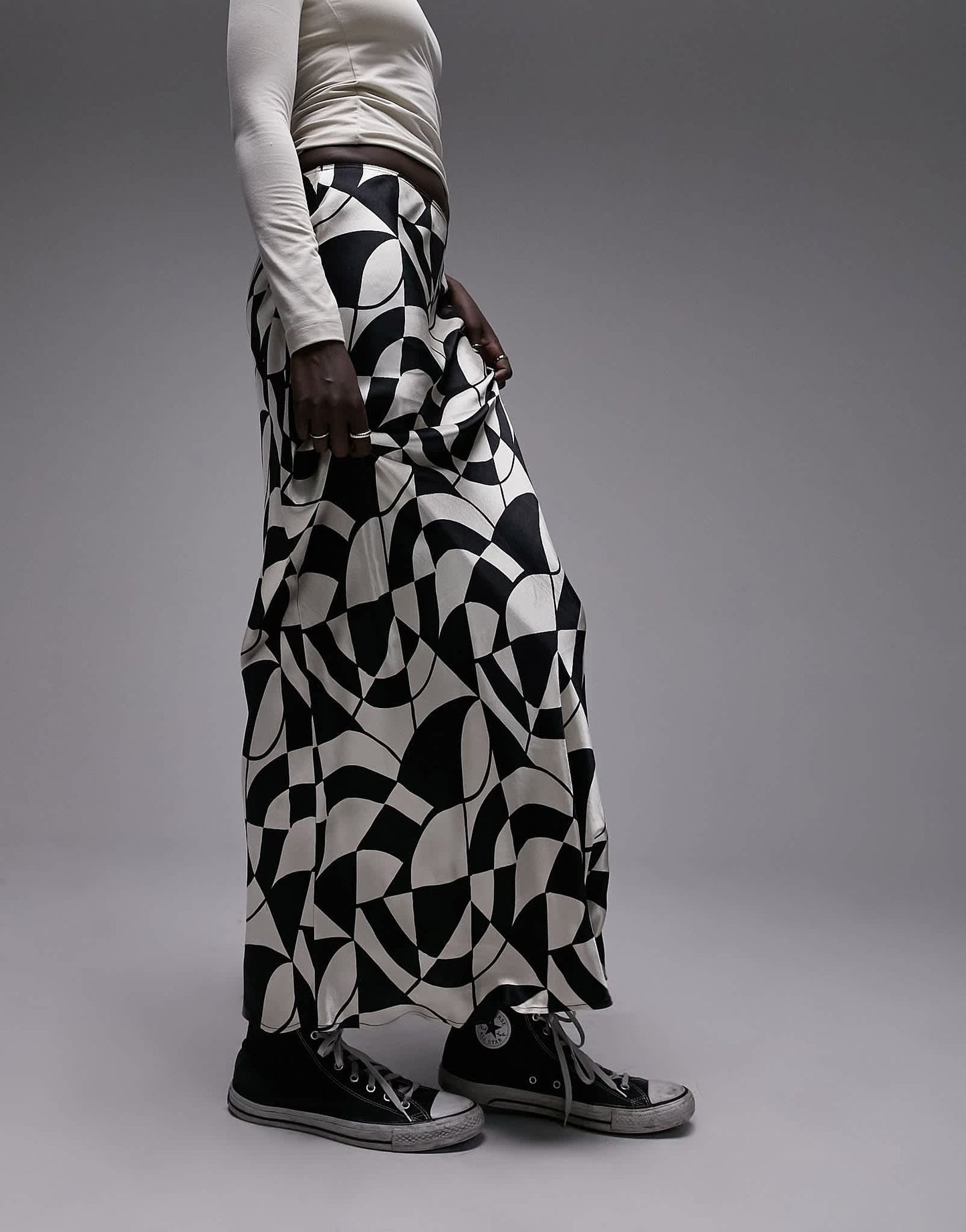 Topshop Tall satin bias maxi skirt in mono geo print