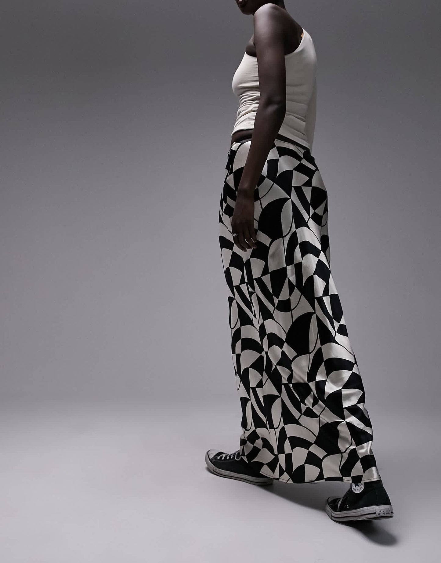 Topshop Tall satin bias maxi skirt in mono geo print