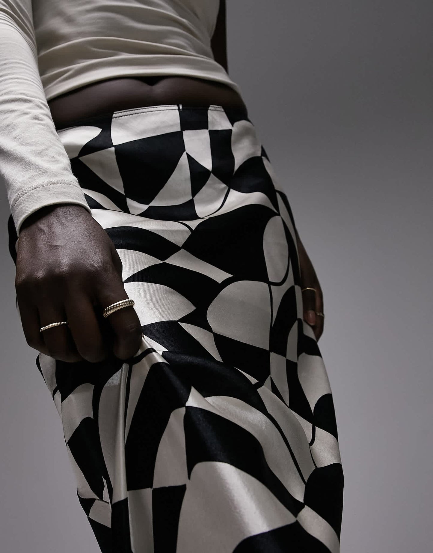 Topshop Tall satin bias maxi skirt in mono geo print