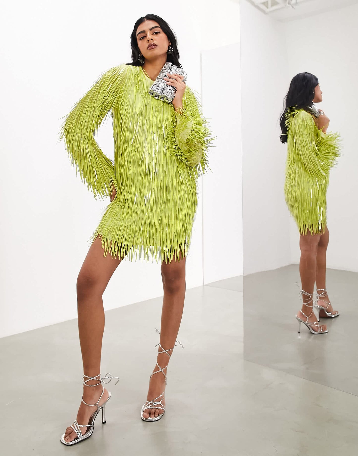 ASOS EDITION shard sequin long sleeve mini dress in lime green