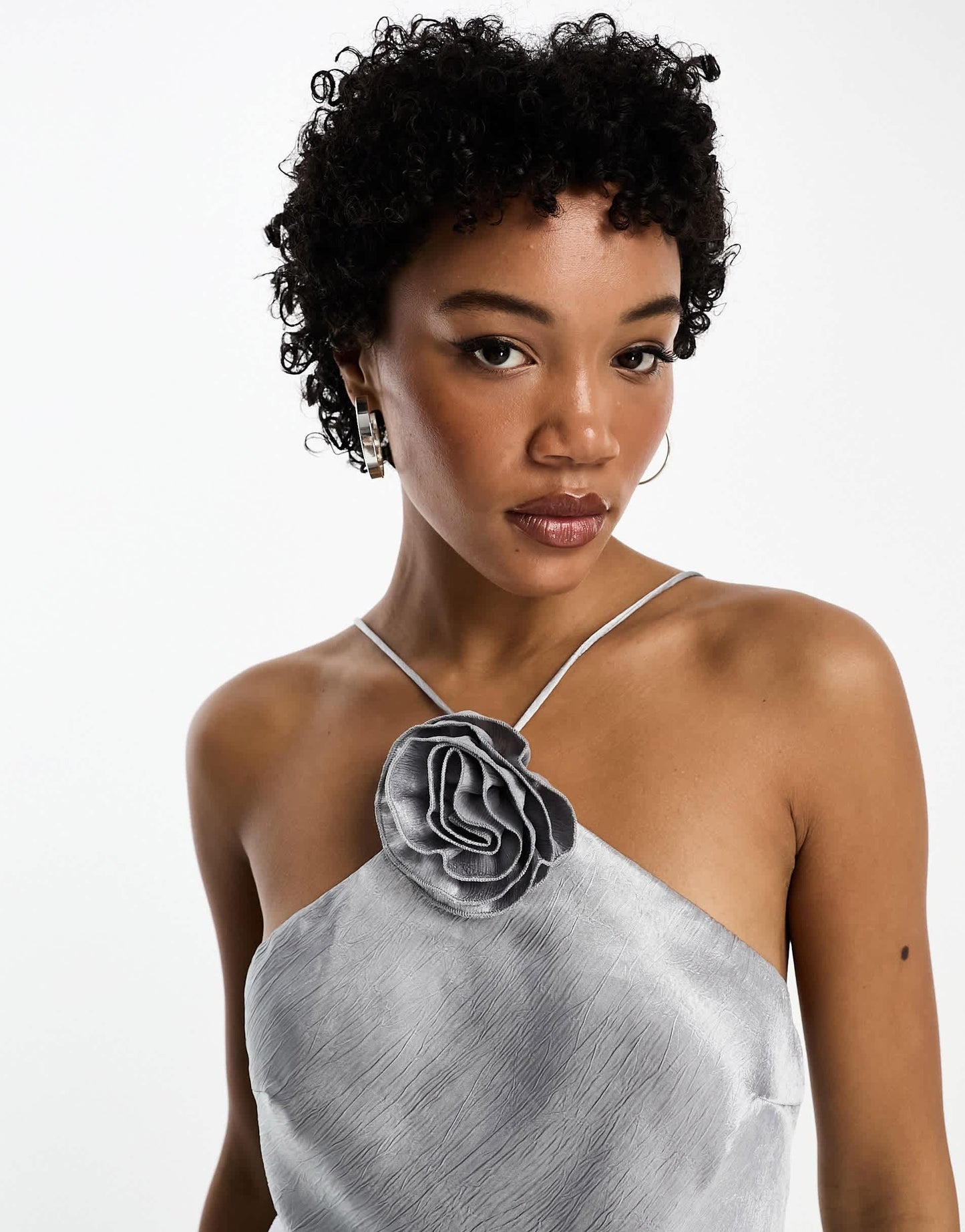 Sisters of the Tribe corsage detail satin halter mini dress in silver