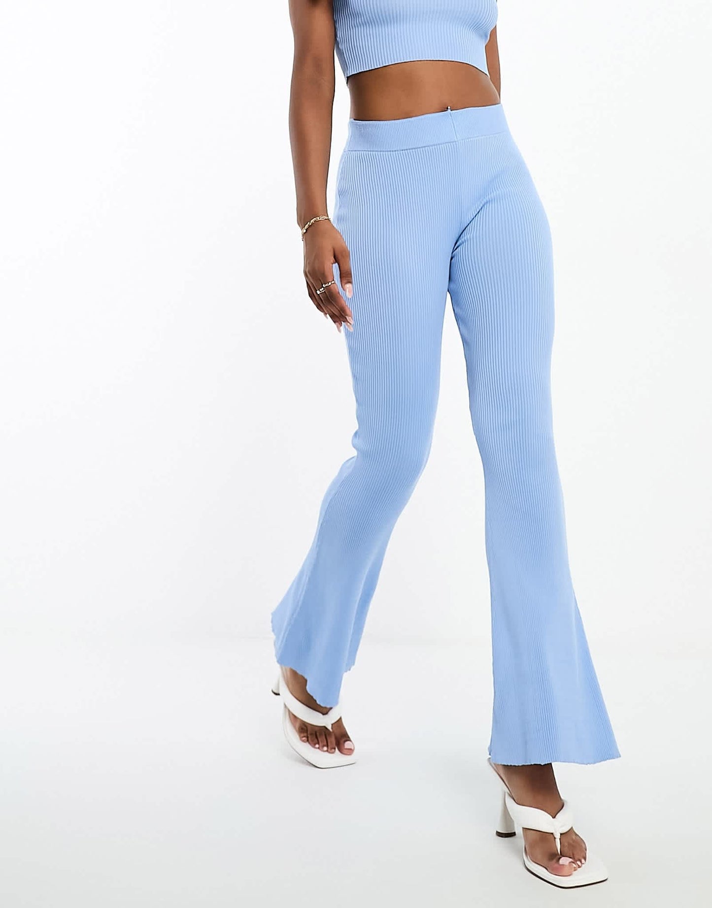 I Saw It First seamless ribbed flared trousers co-ord in blue