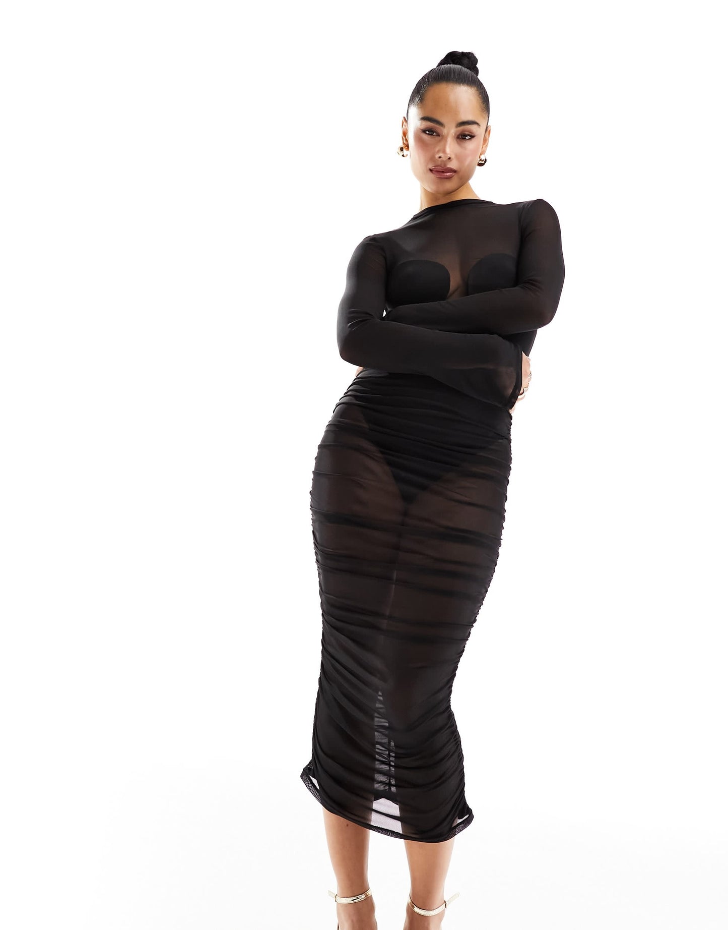 ASOS DESIGN ruched mesh midi dress with curved bodice bodysuit in black
