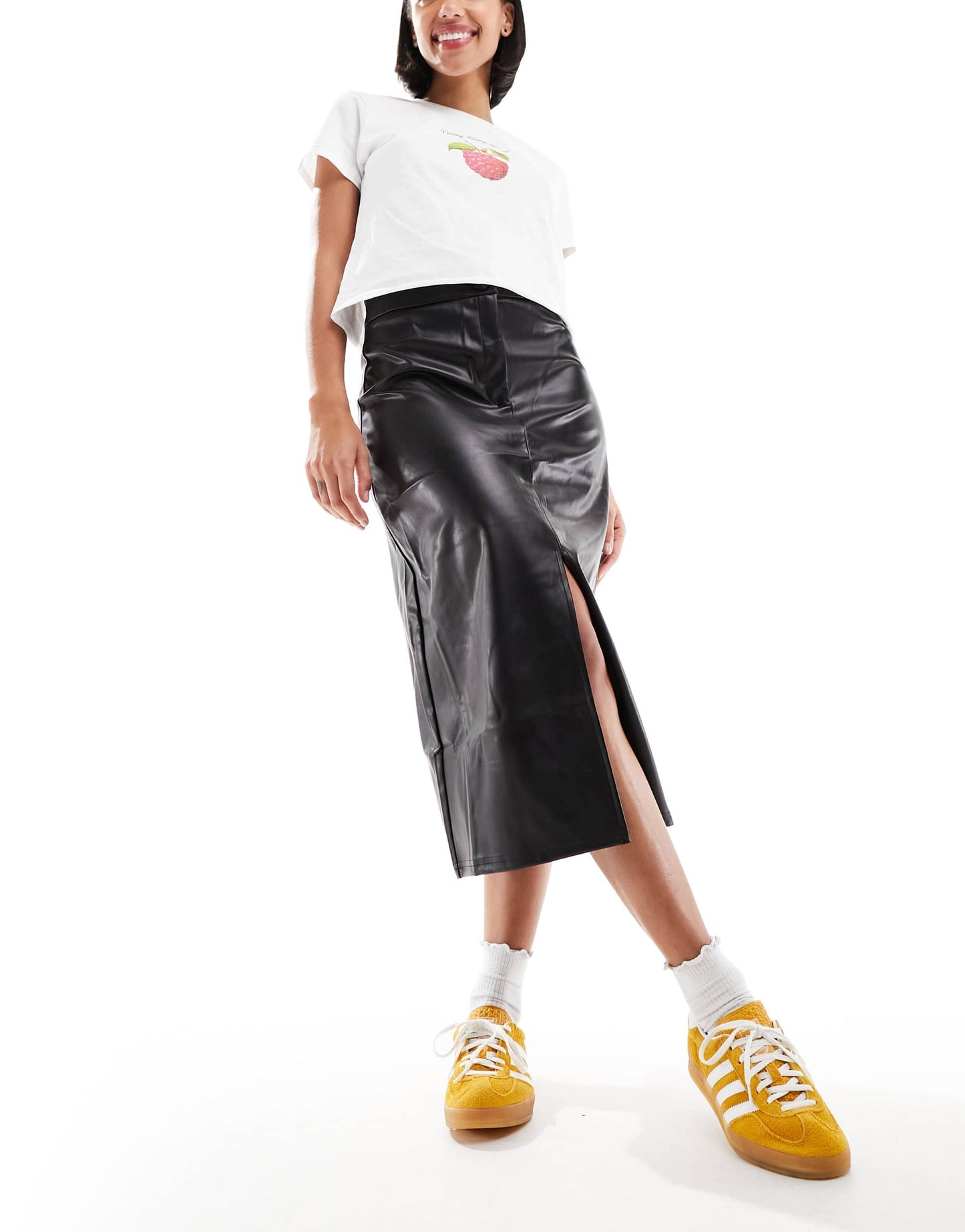 Pieces faux leather high waisted midi skirt in black