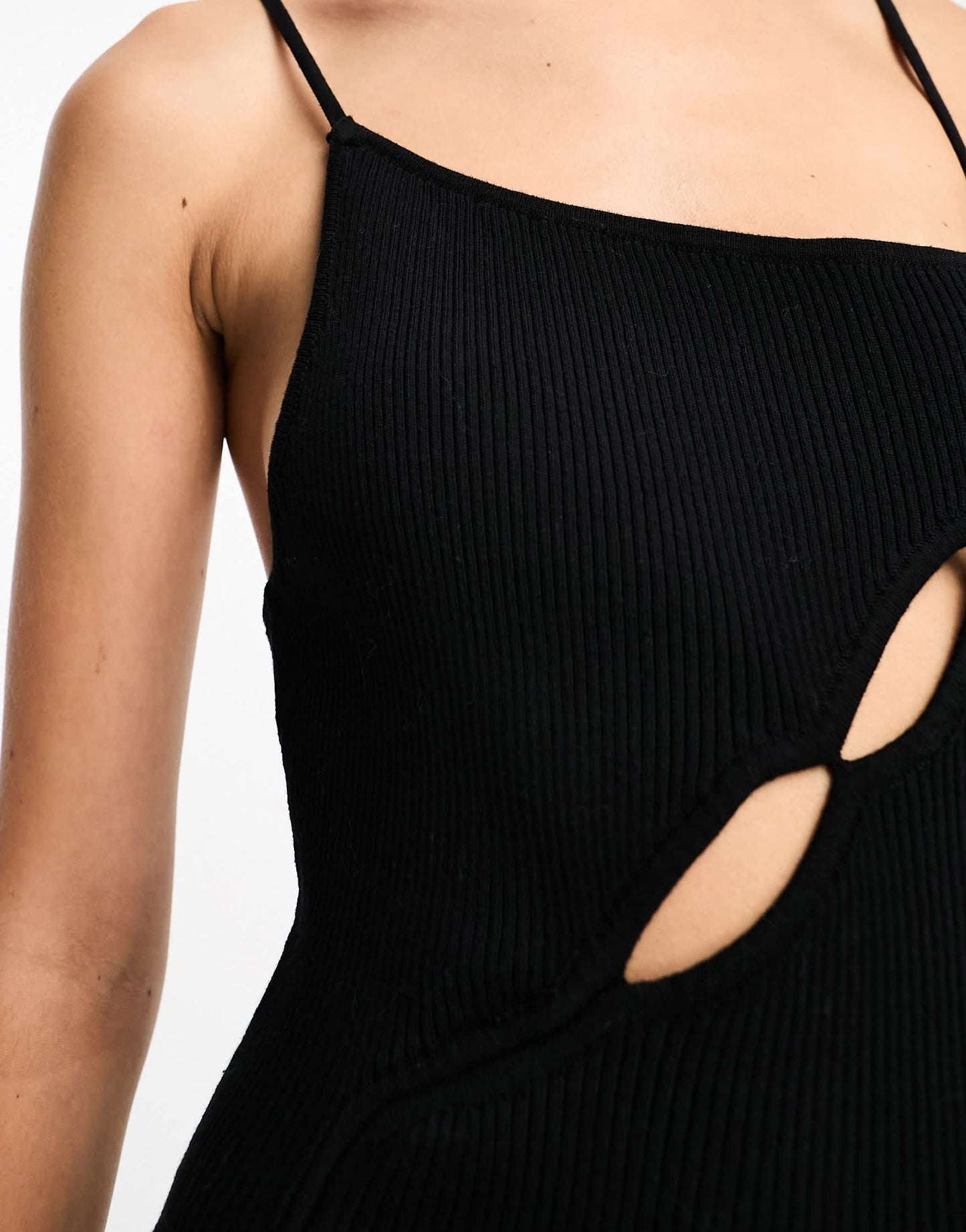 SNDYS fine ribbed cut out detail front spilt maxi dress in black