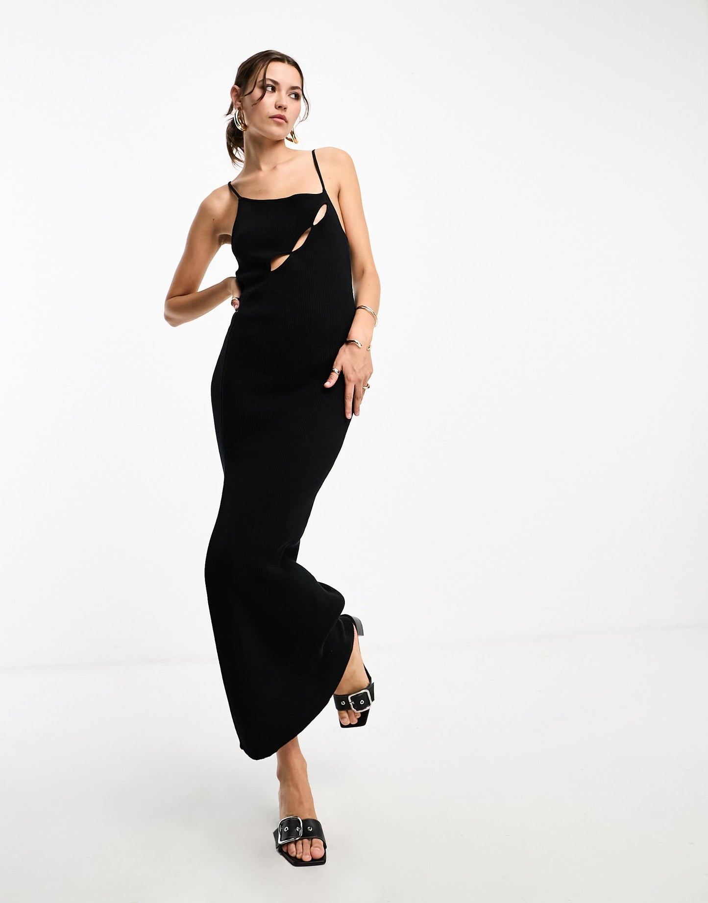 SNDYS fine ribbed cut out detail front spilt maxi dress in black