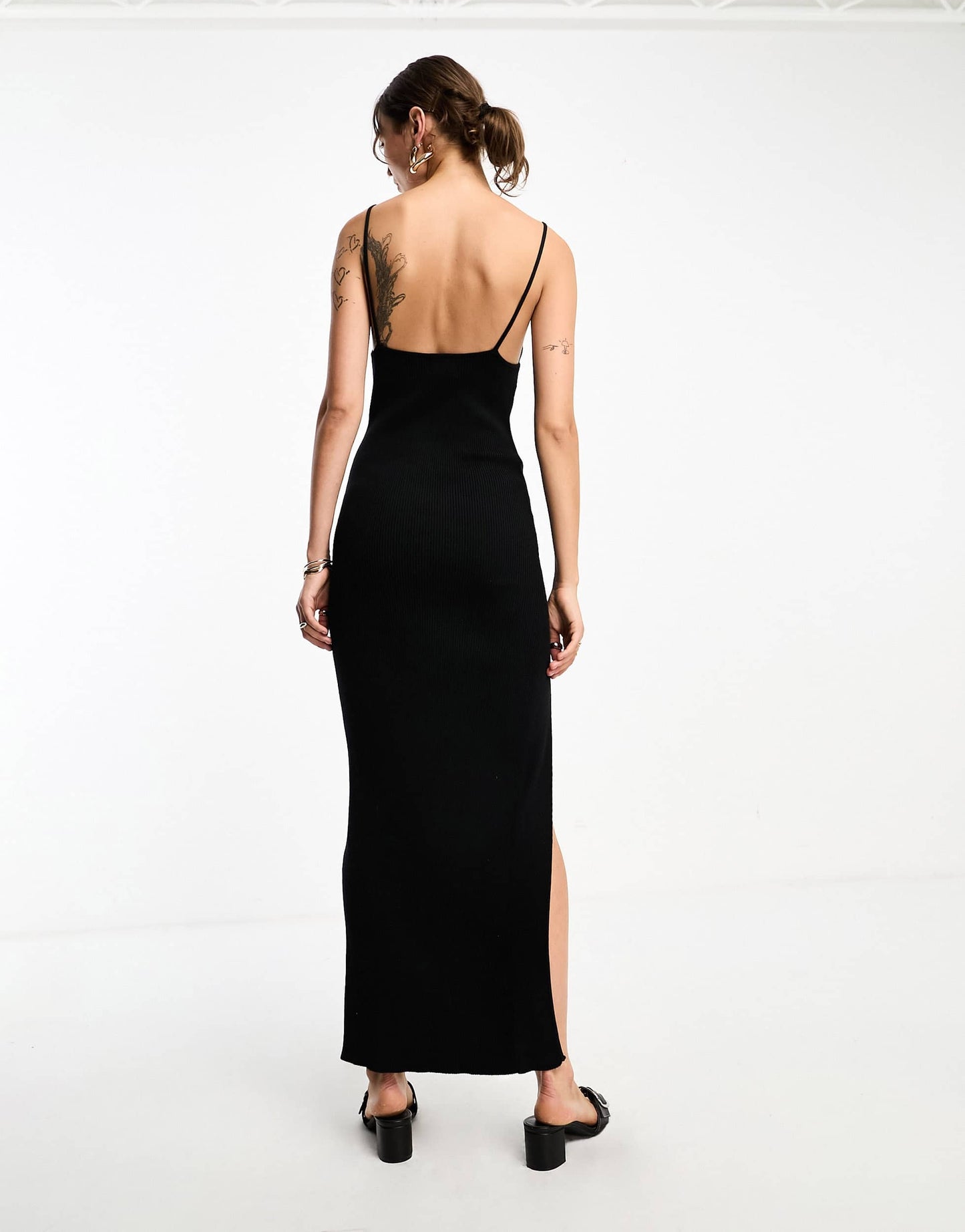 SNDYS fine ribbed cut out detail front spilt maxi dress in black