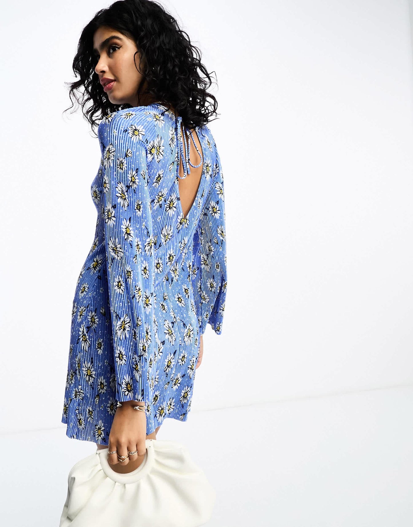ASOS DESIGN mini plisse dress with flared sleeve in blue ditsy