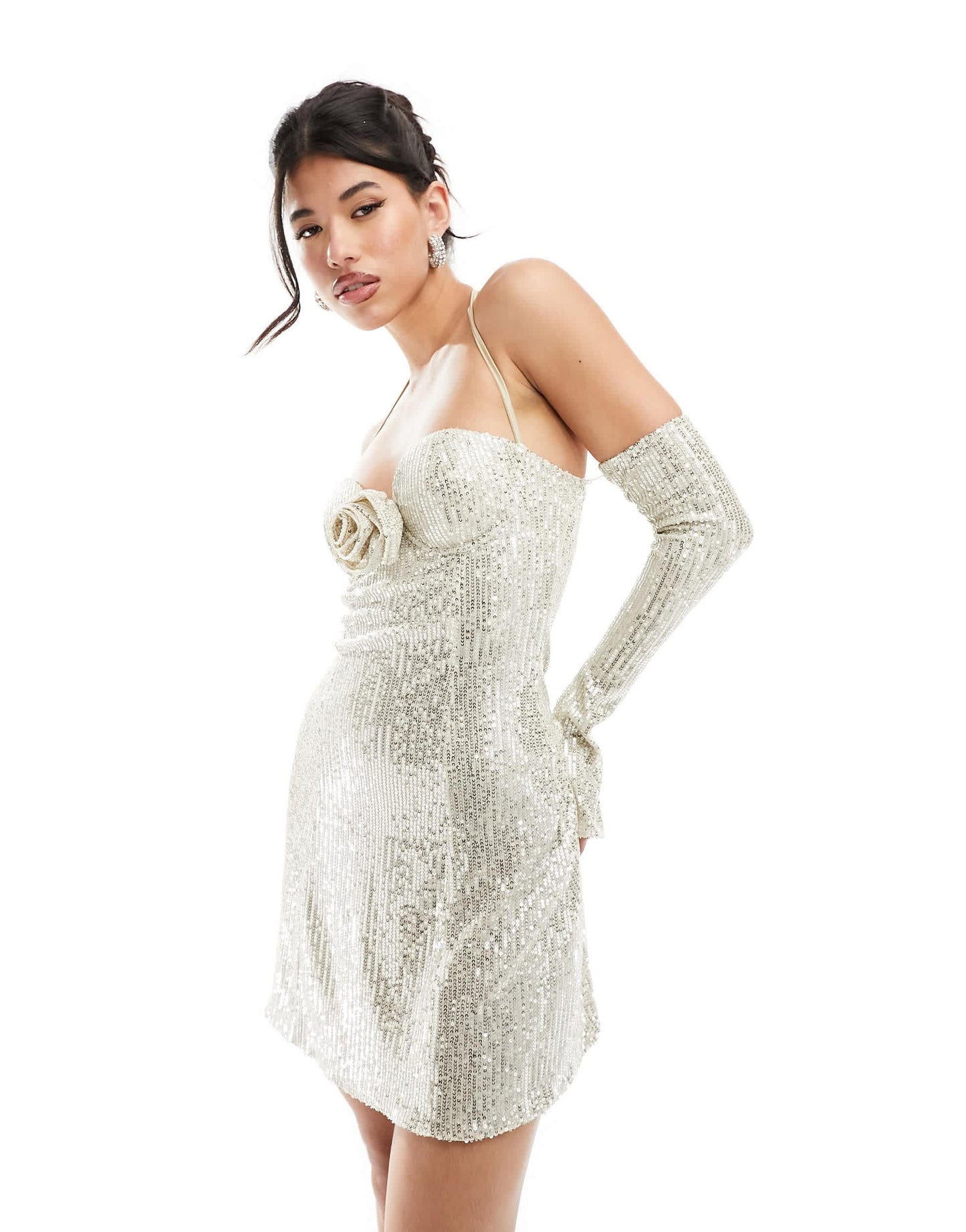 Rare London halterneck corsage sequin mini dress in pale gold
