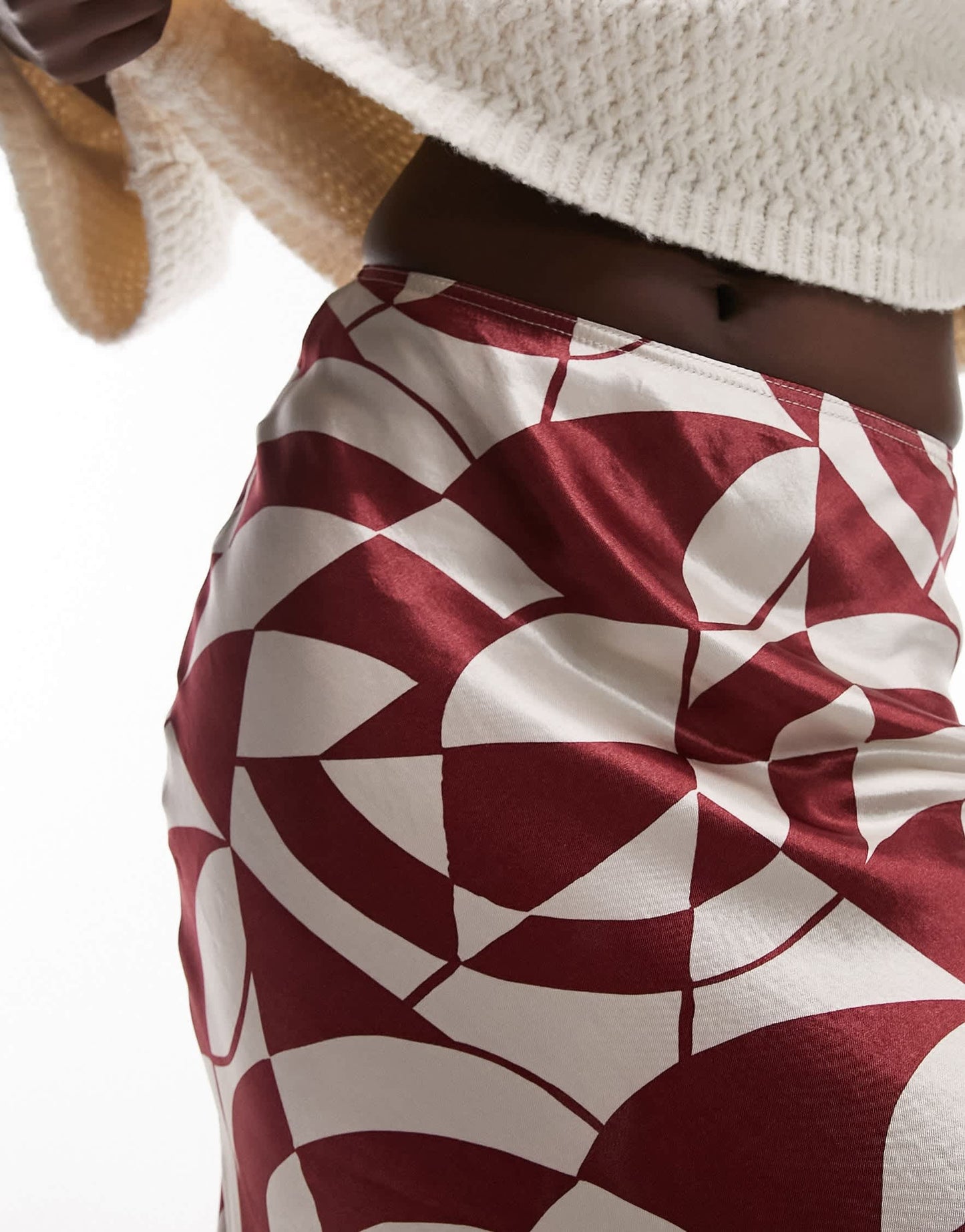 Topshop Tall satin bias maxi skirt in red geo print