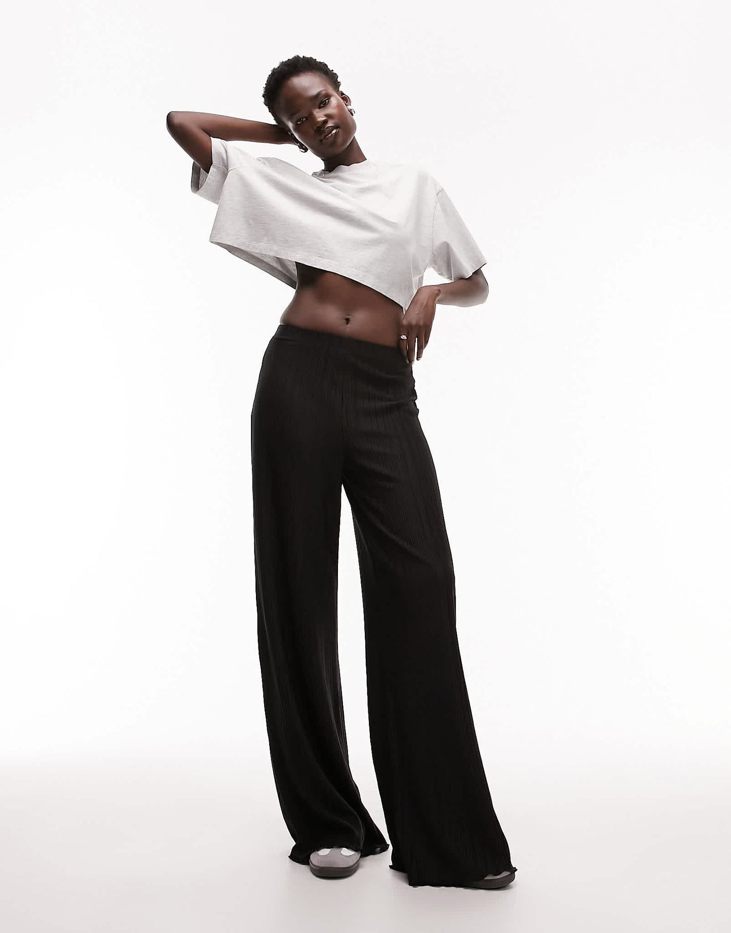 Topshop Tall plisse wide leg tousers in black
