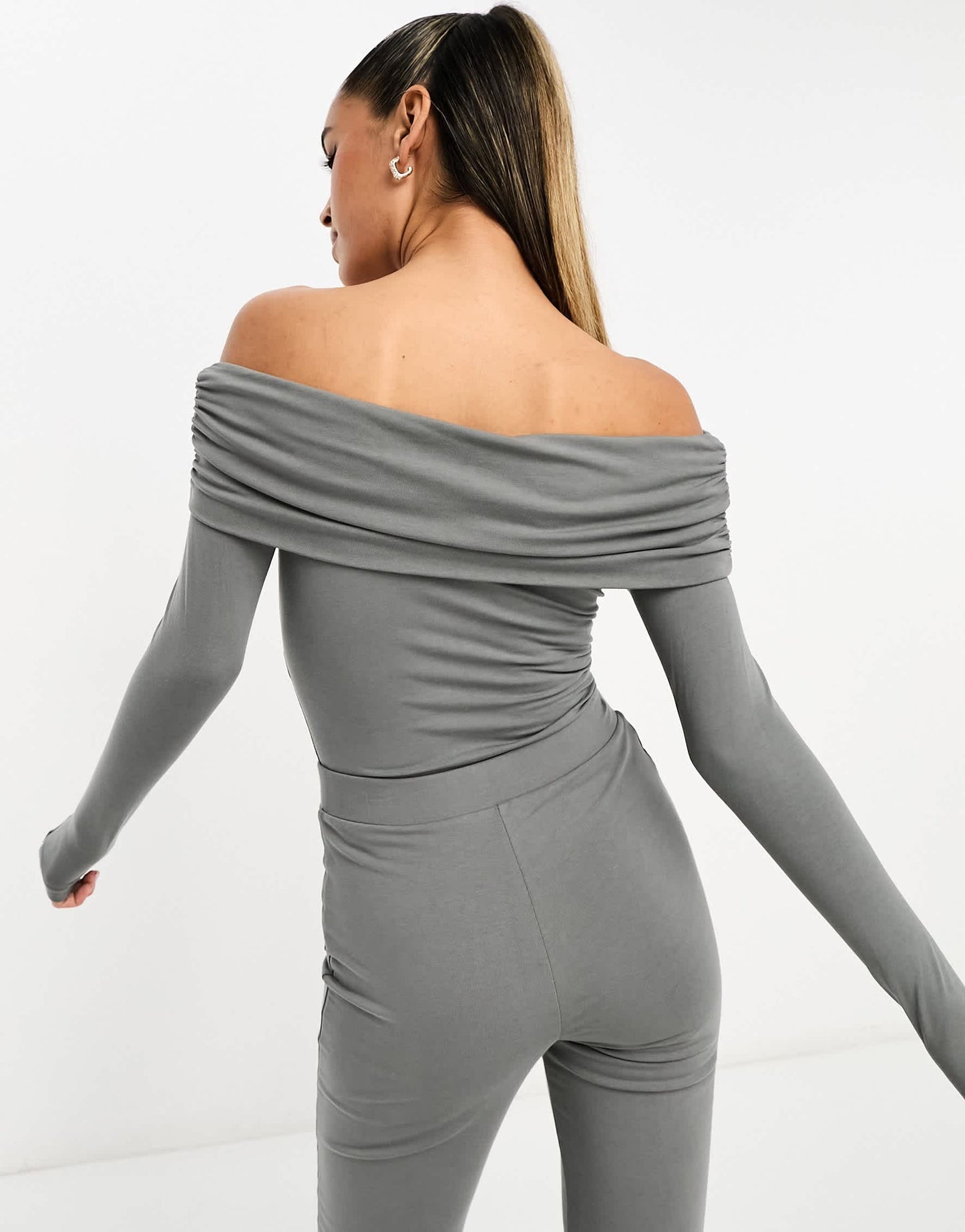 ASOS DESIGN cotton modal clean fold over bardot bodysuit in grey