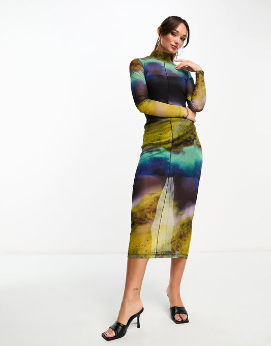 Edited long sleeve mesh midi dress in abstract print