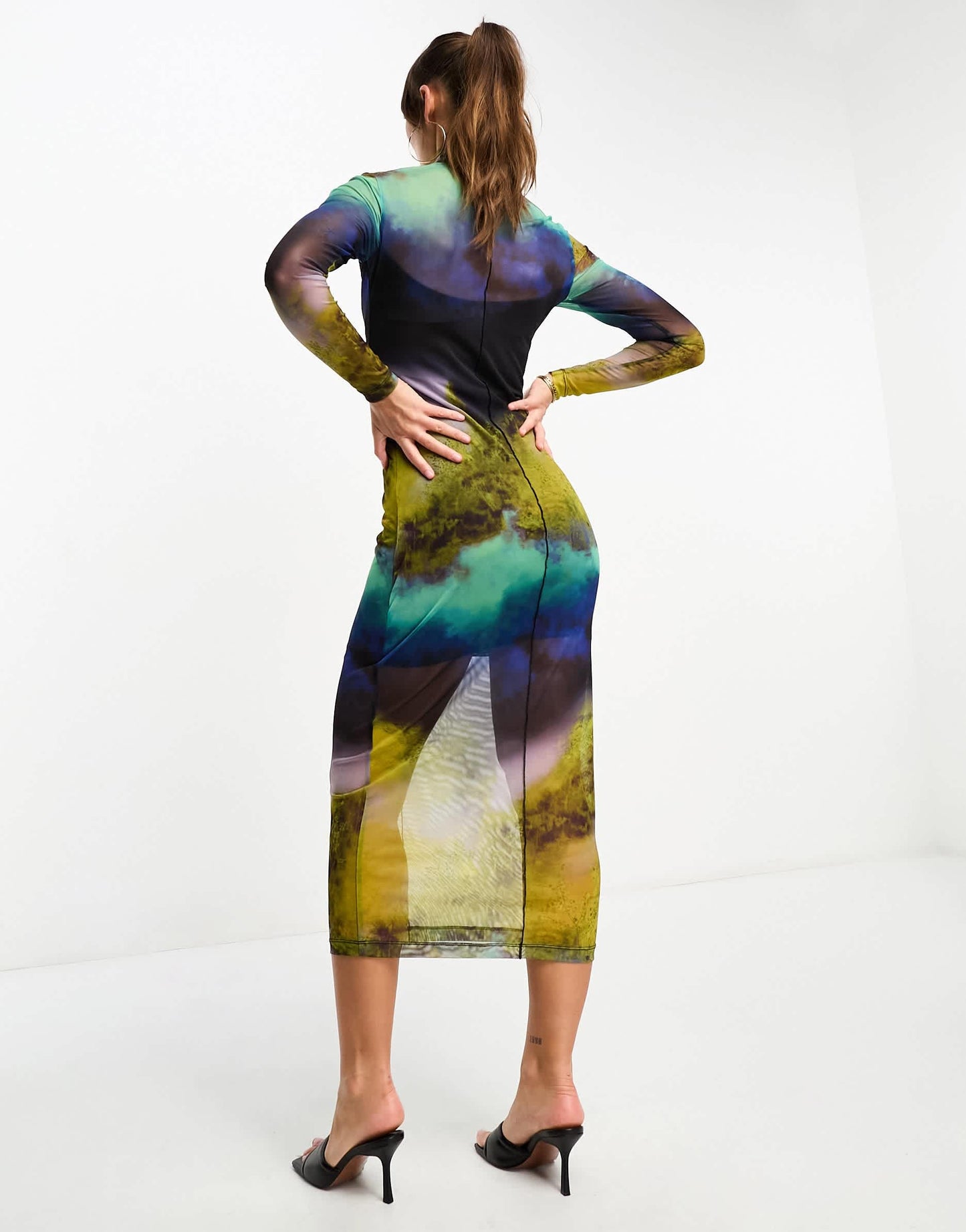 Edited long sleeve mesh midi dress in abstract print