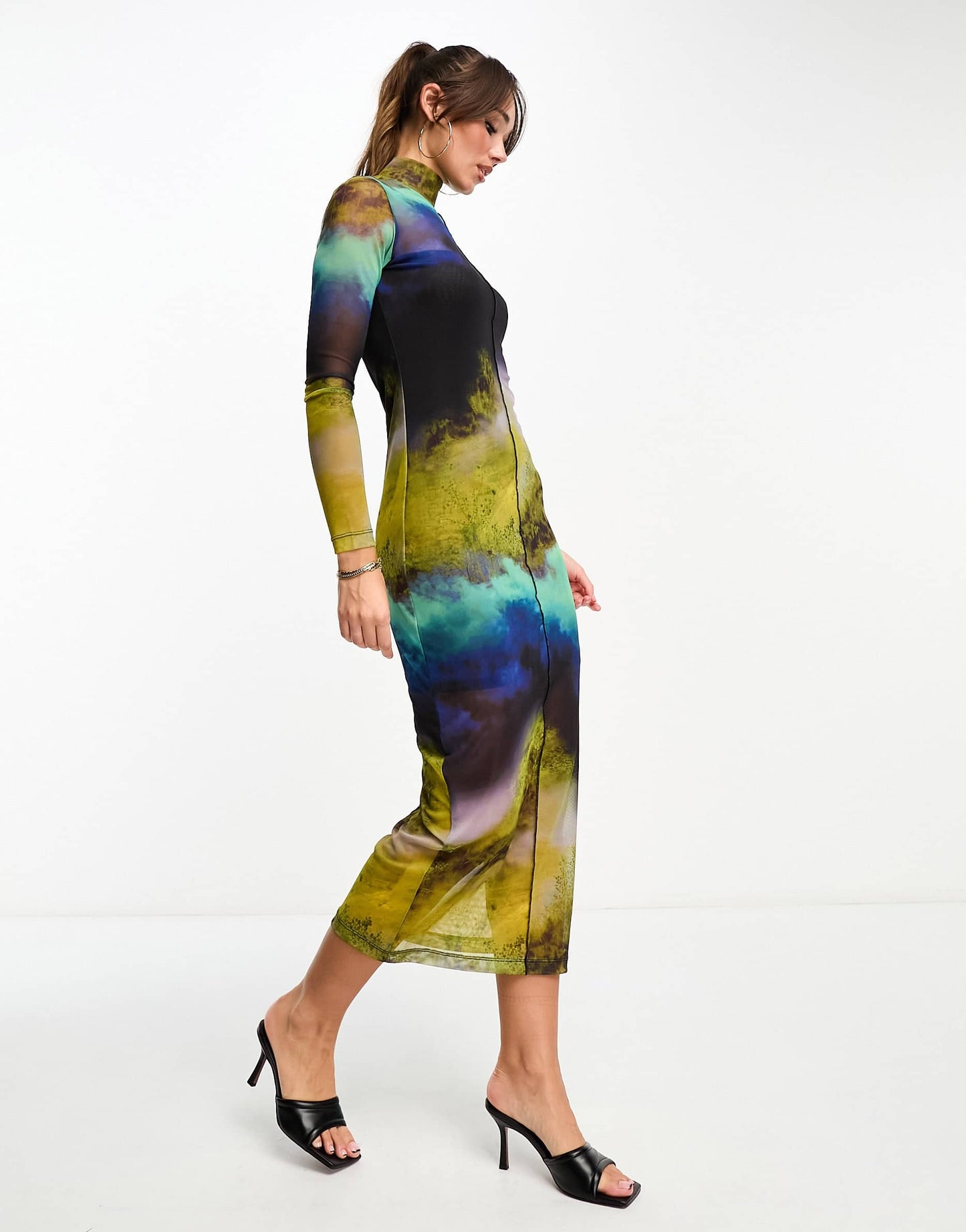 Edited long sleeve mesh midi dress in abstract print
