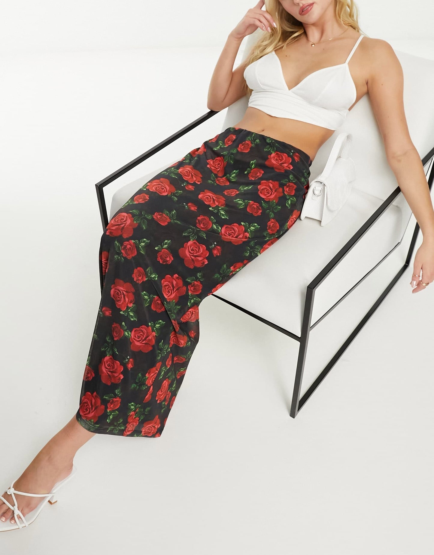 Forever New mesh maxi skirt in black rose print