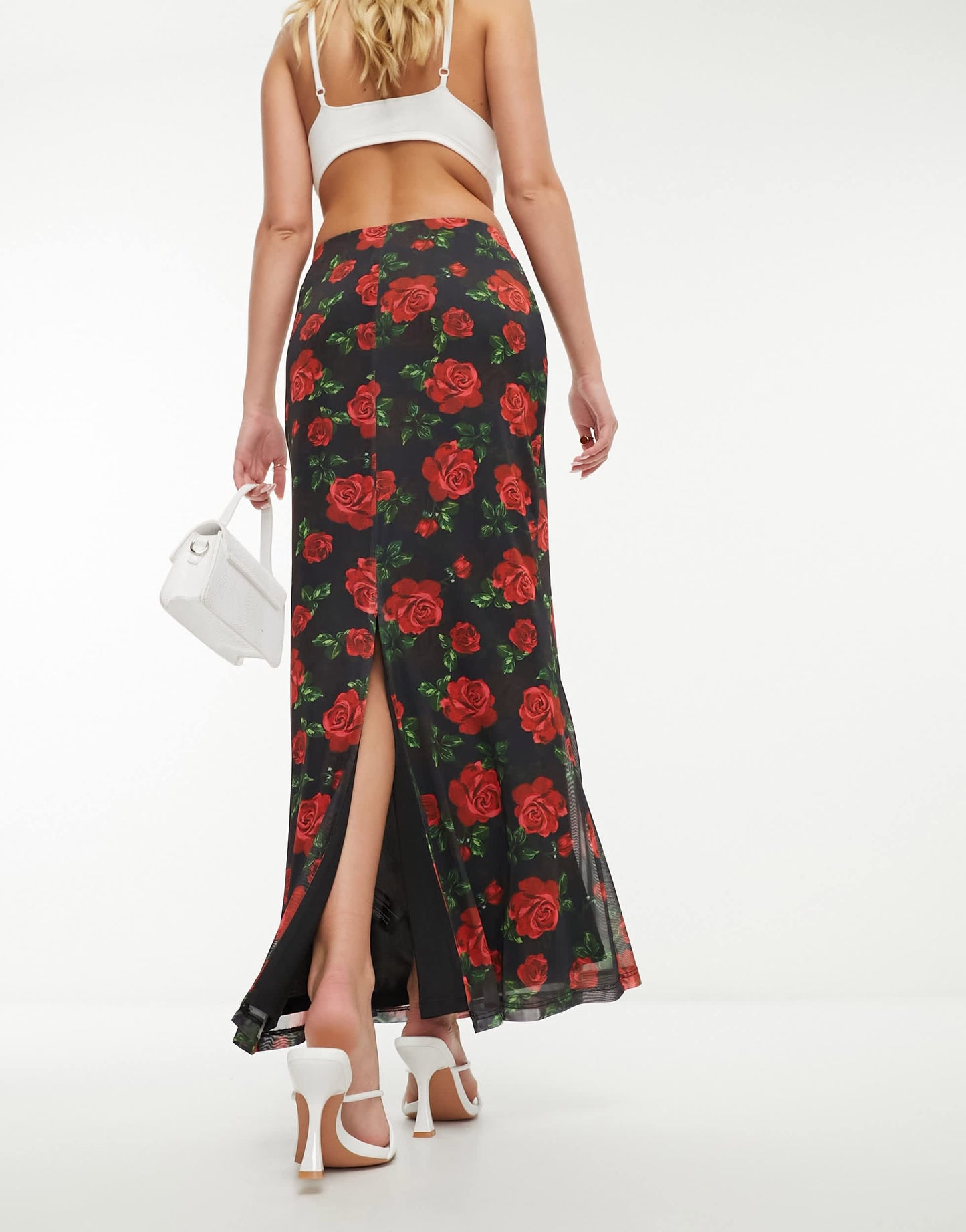 Forever New mesh maxi skirt in black rose print
