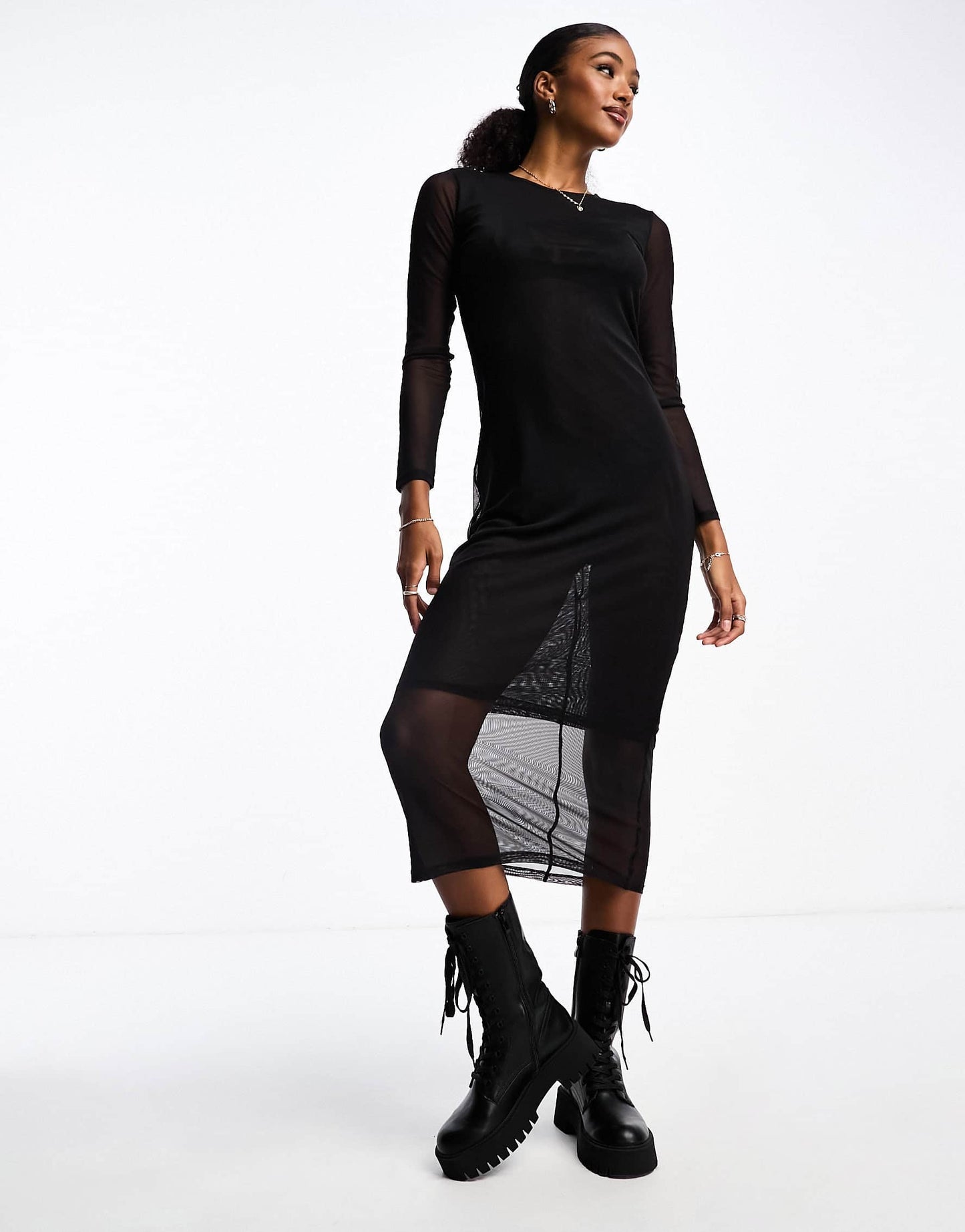 Monki long sleeve mesh midi dress in black