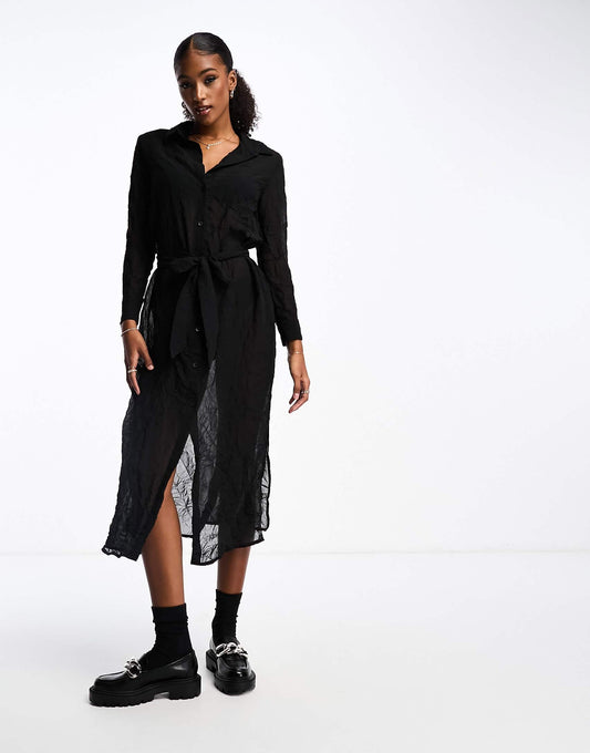 Monki button front shirt dress with tie waist in black
