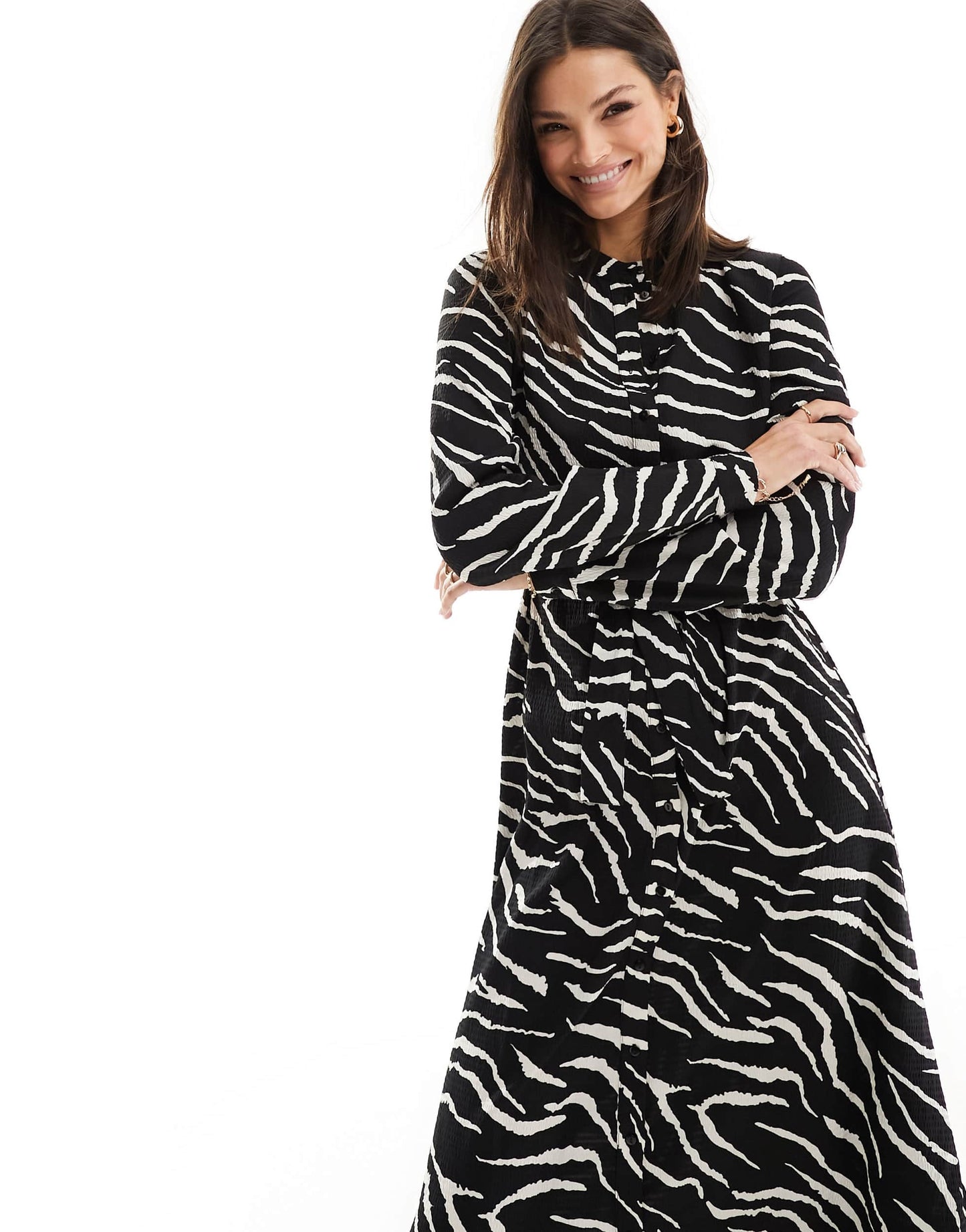Pieces Tall tie waist midi shirt dress in black & white zebra print