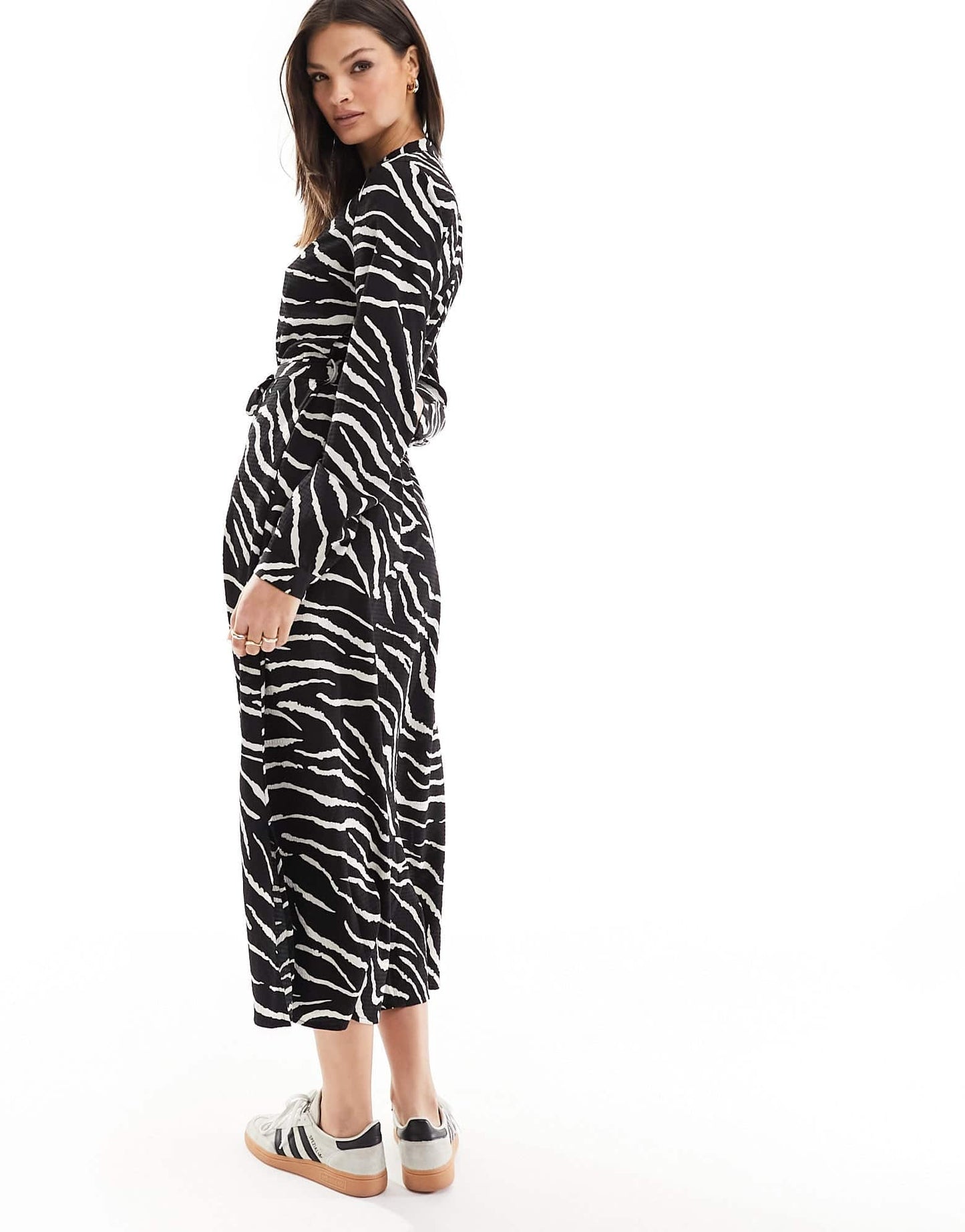 Pieces Tall tie waist midi shirt dress in black & white zebra print