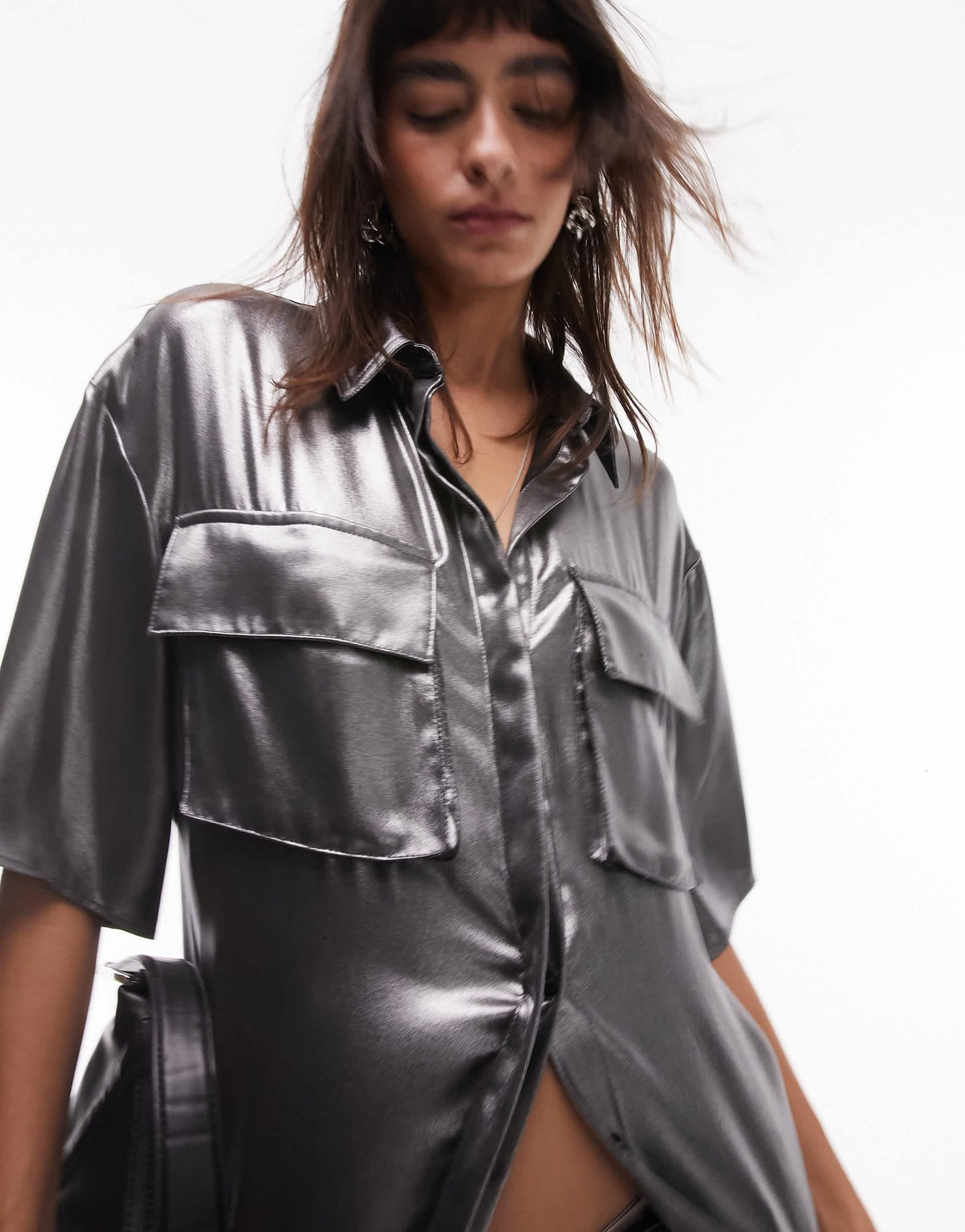 Topshop metallic shirt in gunmetal