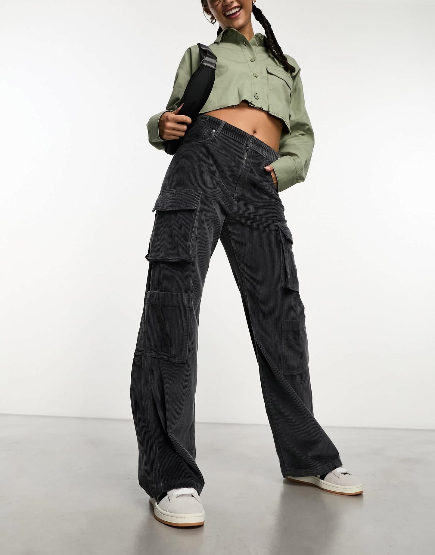 Cotton On corduroy cargo wide leg jean in dark ash