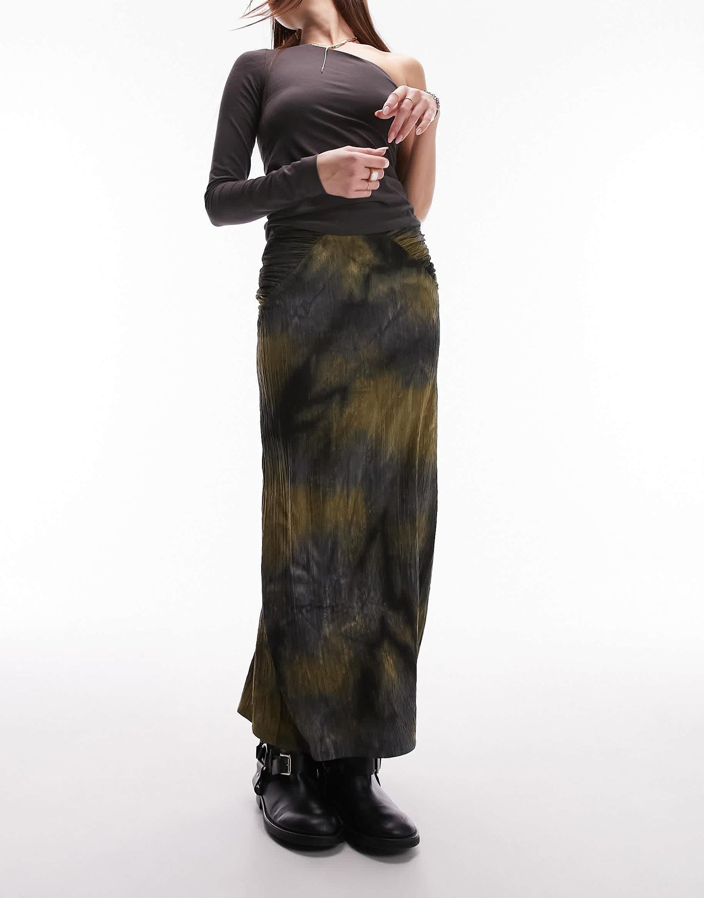 Topshop midi skirt in jersery textured with split front in blurred khaki print