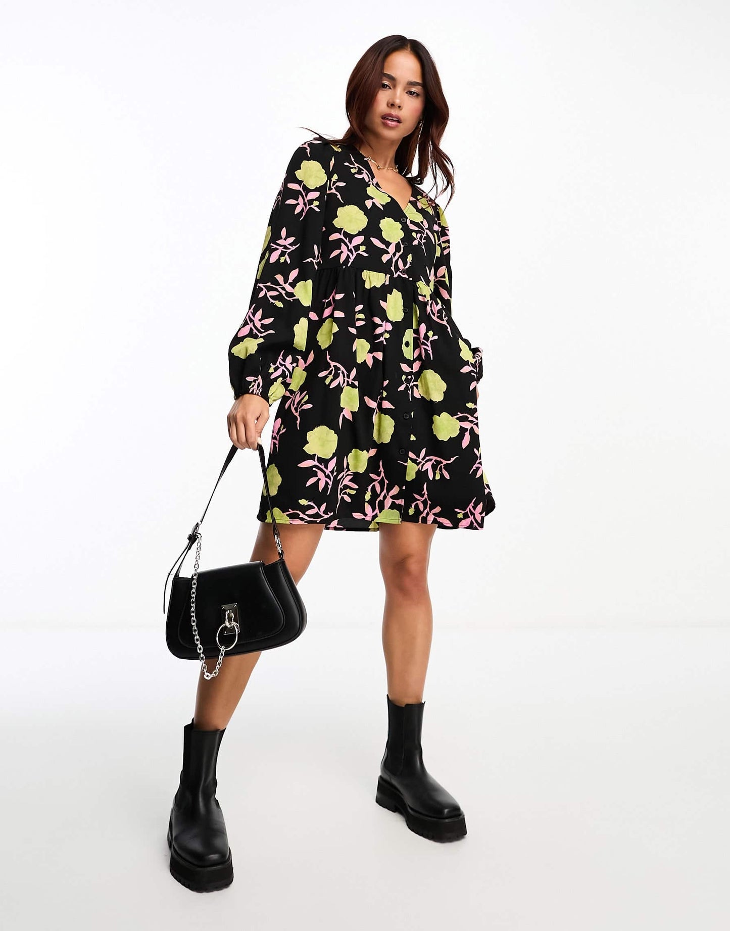 Monki button through mini dress with puff sleeves in black rose print