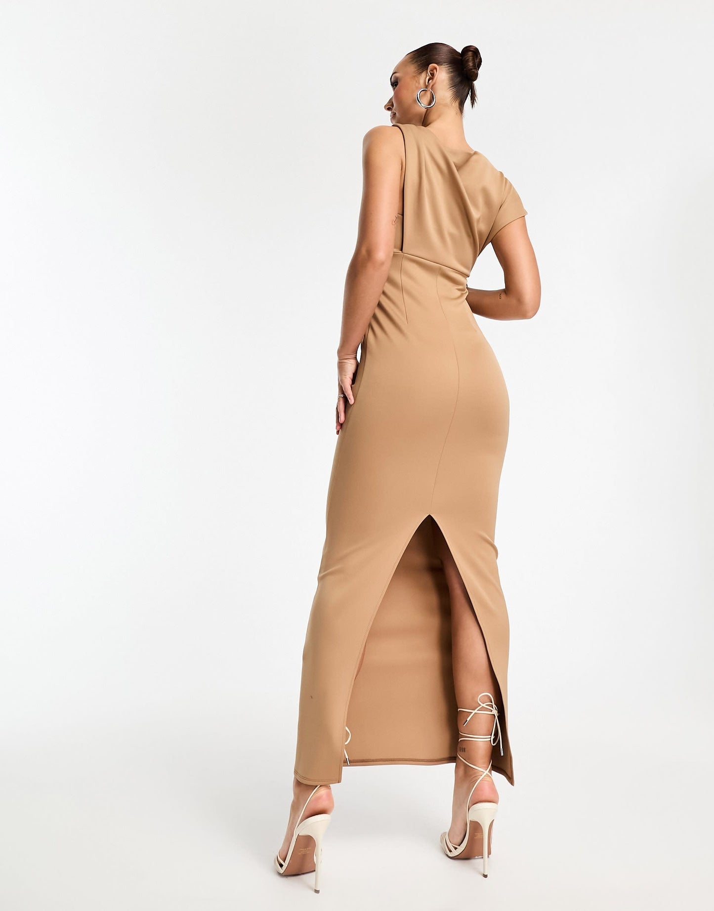 ASOS DESIGN asymmetric high neck minimal maxi dress in camel
