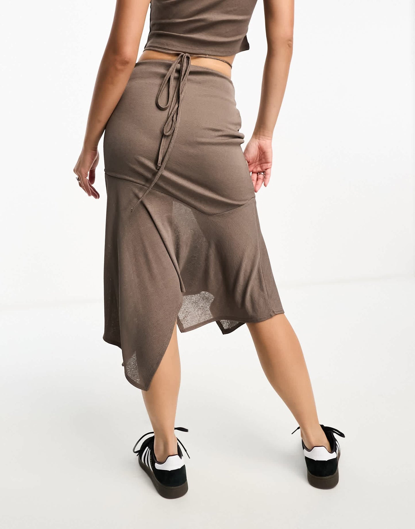 Reclaimed Vintage sheer asymmetric midi skirt with tie waist in brown