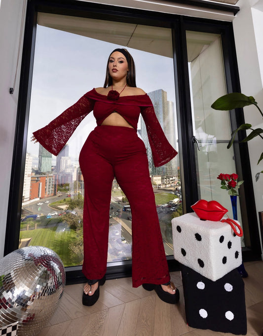 Labelrail x Holly Marston corsage detail off shoulder lace crop top co-ord in oxblood