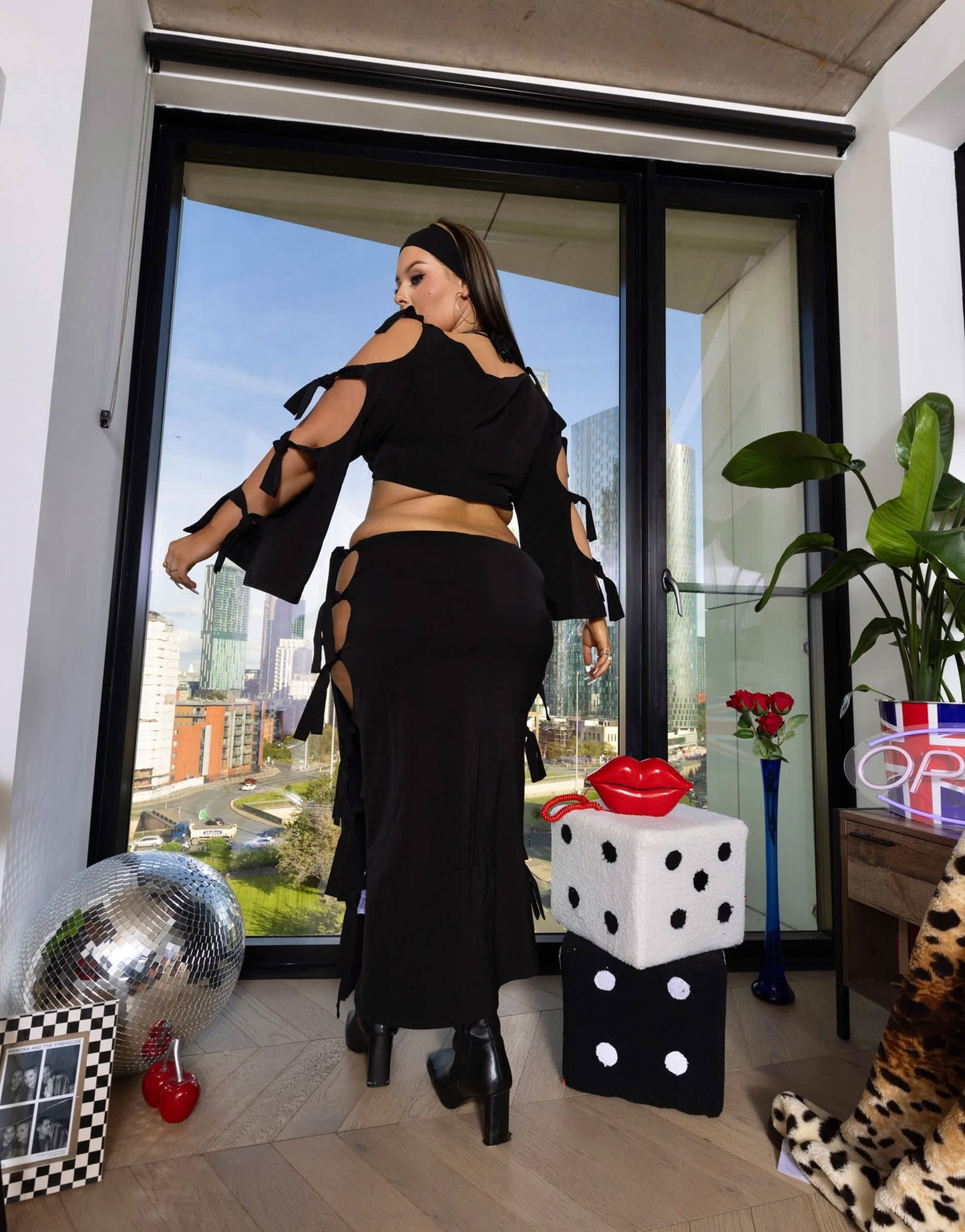 Labelrail x Holly Marston tie knot side midaxi skirt co-ord in black