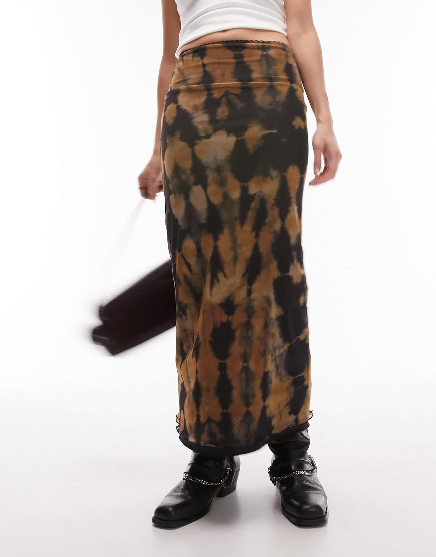 Topshop blurred patch mesh midi skirt in multi