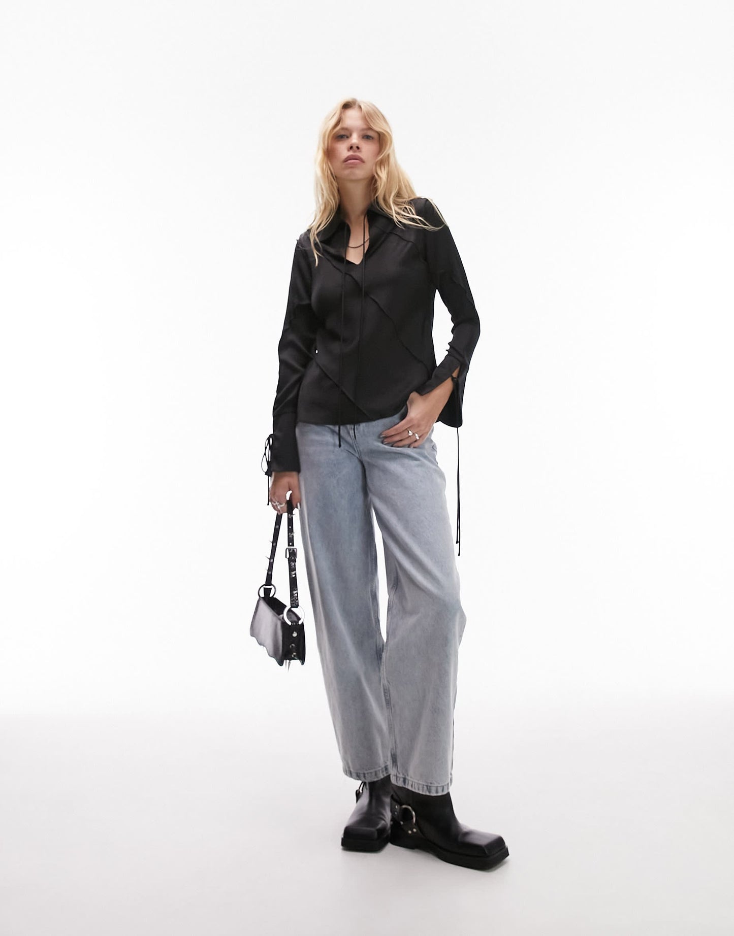 Topshop satin raw edge top in black