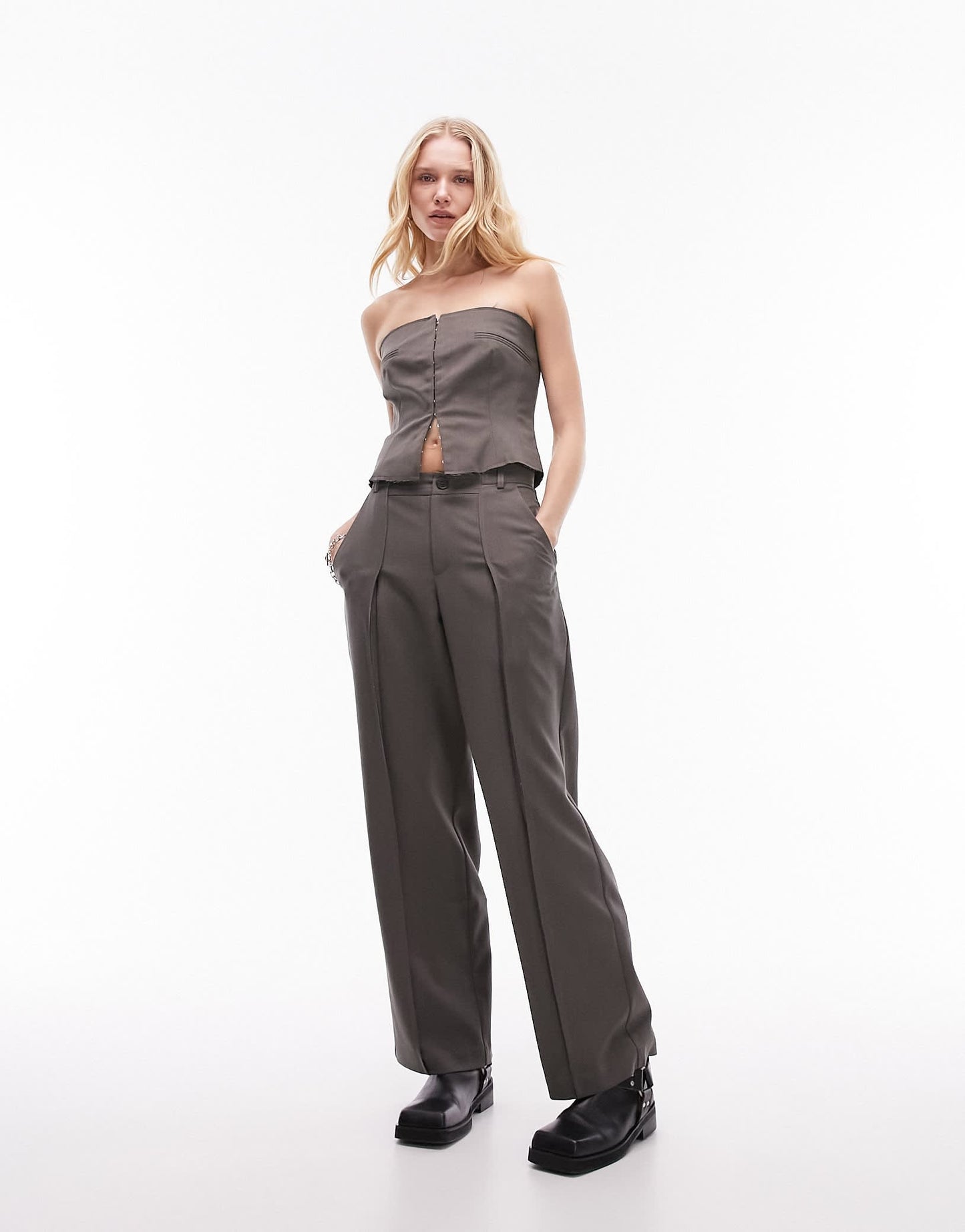 Topshop co-ord raw seam detail corset top in mid grey