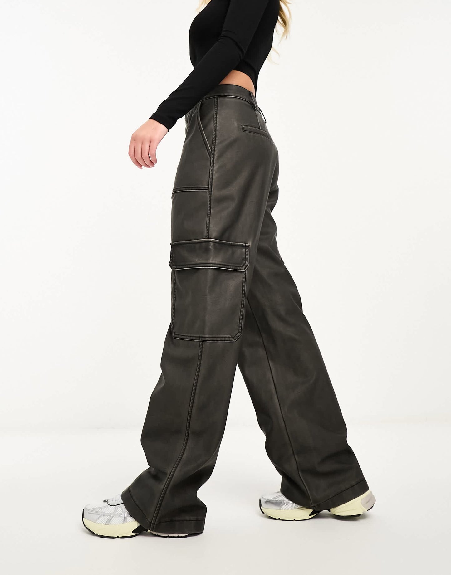 Stradivarius faux leather cargo trouser in washed black
