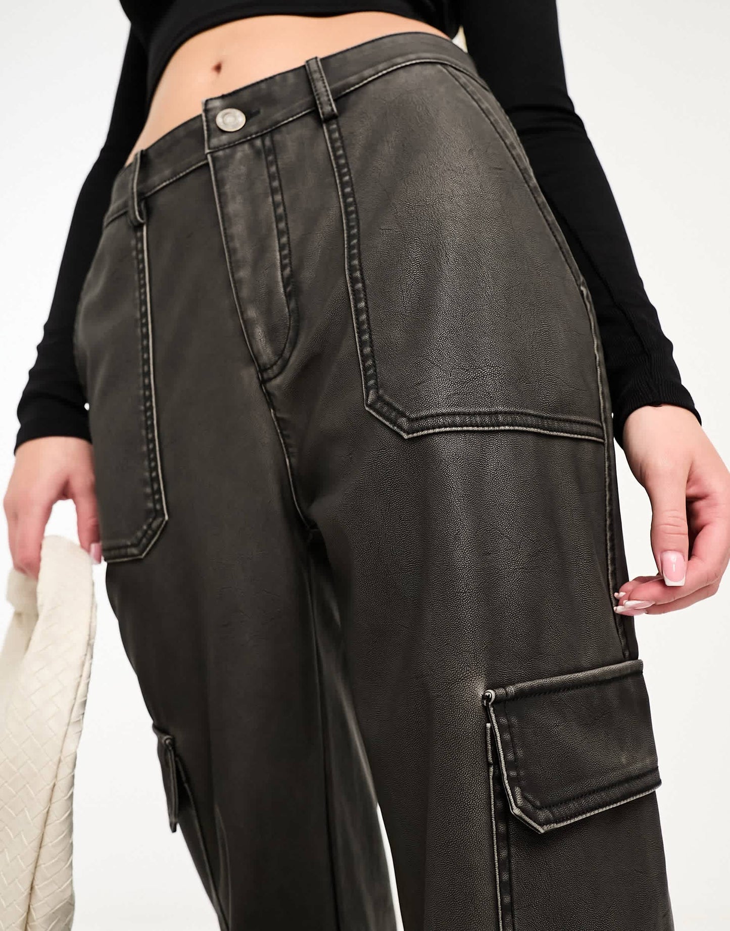 Stradivarius faux leather cargo trouser in washed black