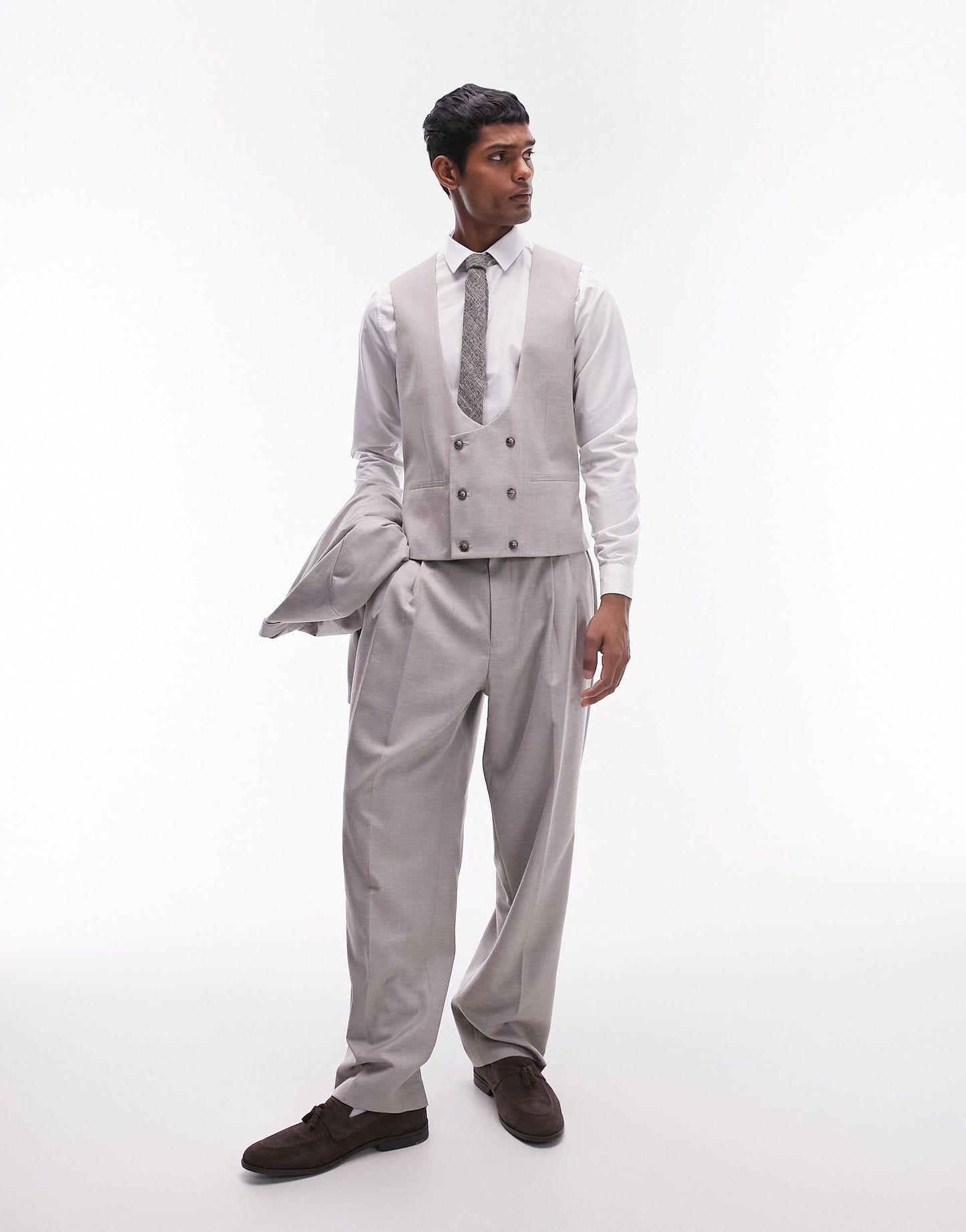 Topman slim linen blend waistcoat in stone